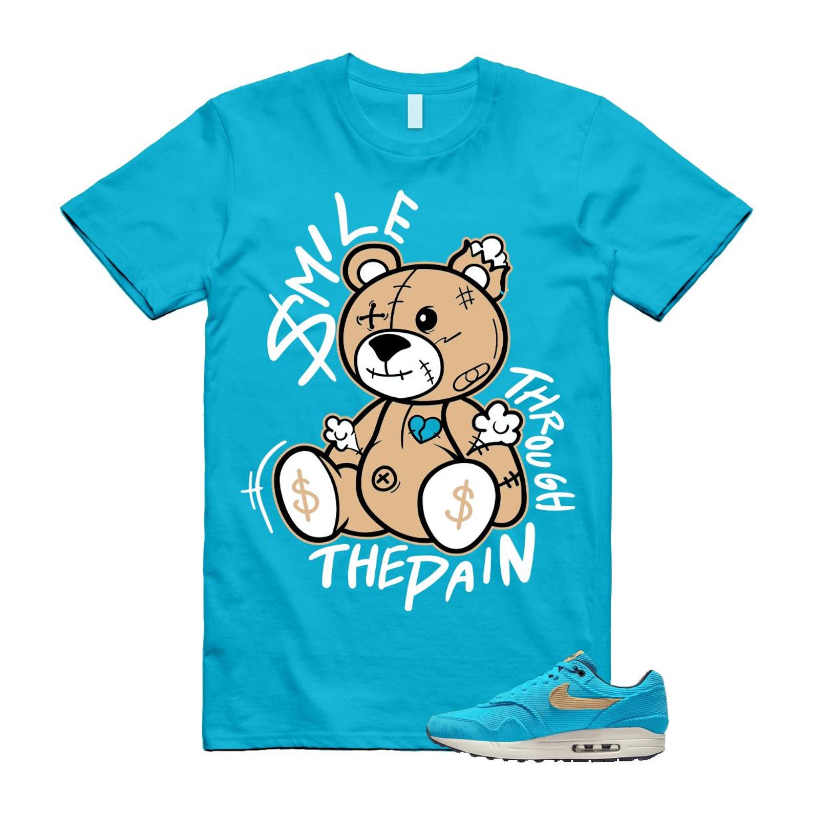 Air Max 1 Baltic Blue Corduroy Sesame White Gridiron Sail T Shirt Match Smile Through The Pain ,FB8915-400 T-Shirt, Sneaker Match Tee