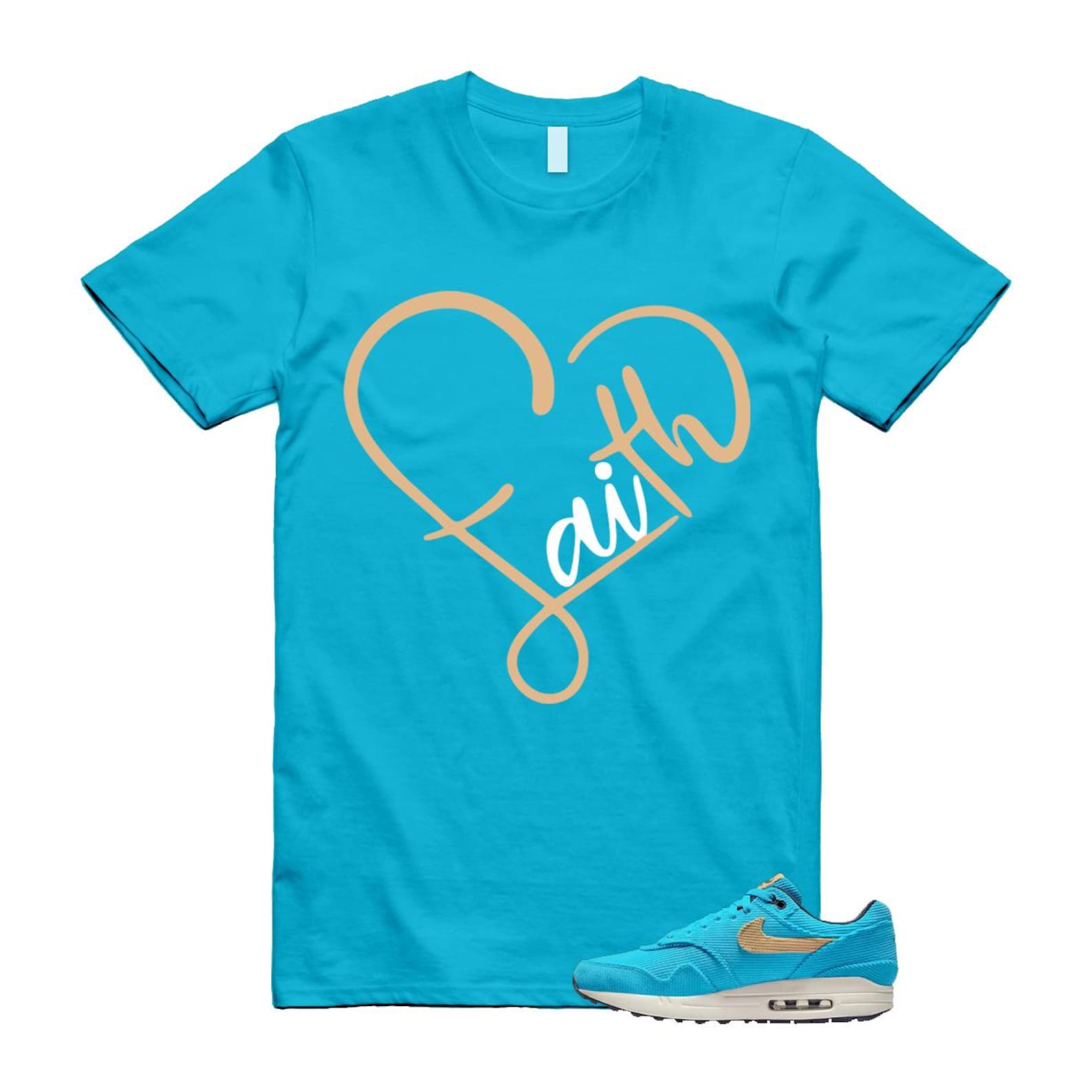 Air Max 1 Baltic Blue Corduroy Sesame White Gridiron Sail T Shirt Match FAITH ,FB8915-400 T-Shirt, Sneaker Match Tee