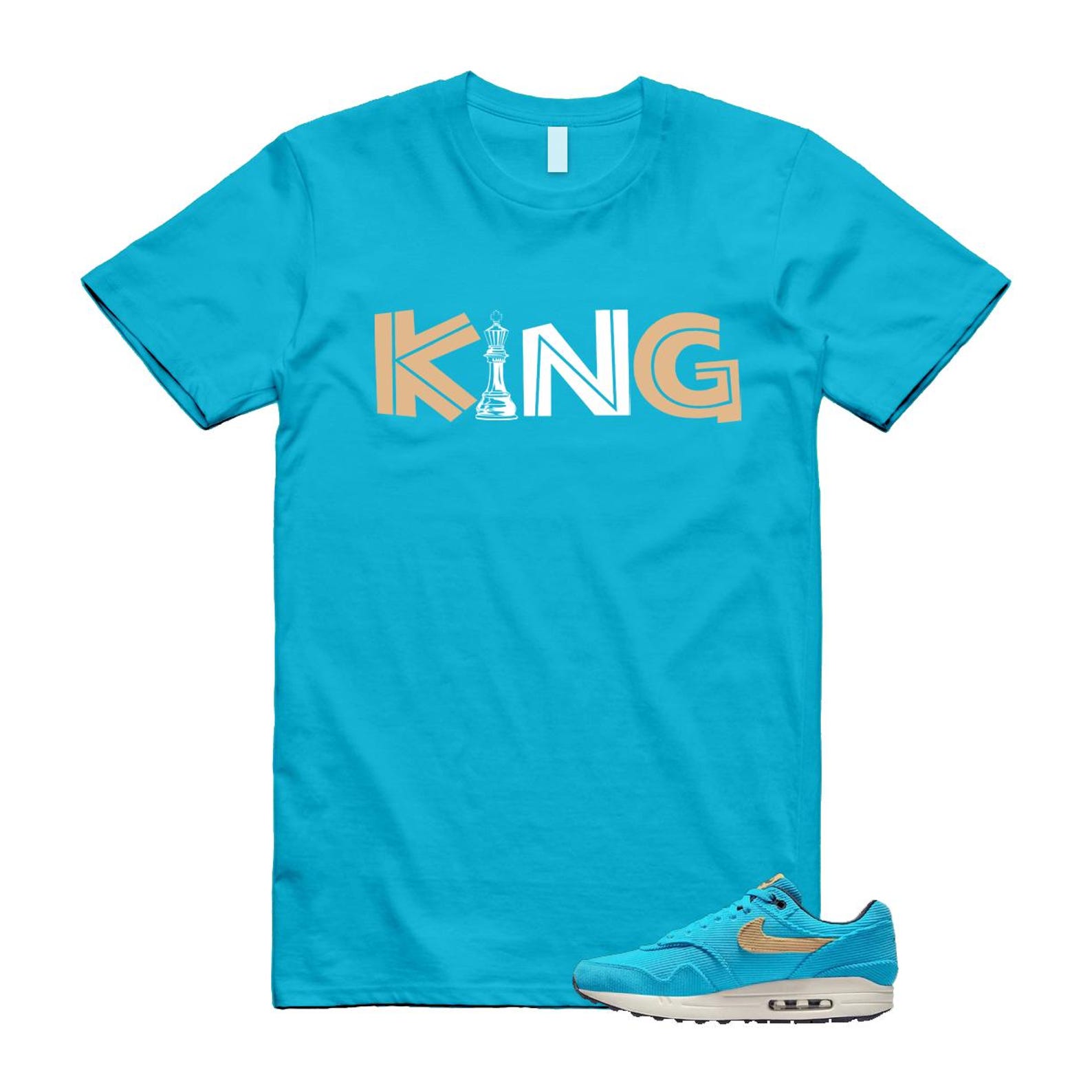Air Max 1 Baltic Blue Corduroy Sesame White Gridiron Sail T Shirt Match KING ,FB8915-400 T-Shirt, Sneaker Match Tee