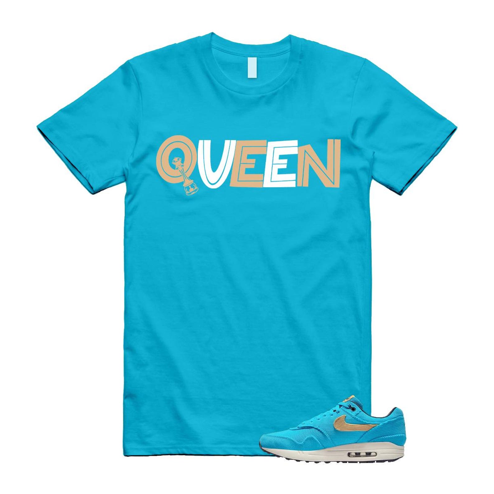 Air Max 1 Baltic Blue Corduroy Sesame White Gridiron Sail T Shirt Match QUEEN ,FB8915-400 T-Shirt, Sneaker Match Tee