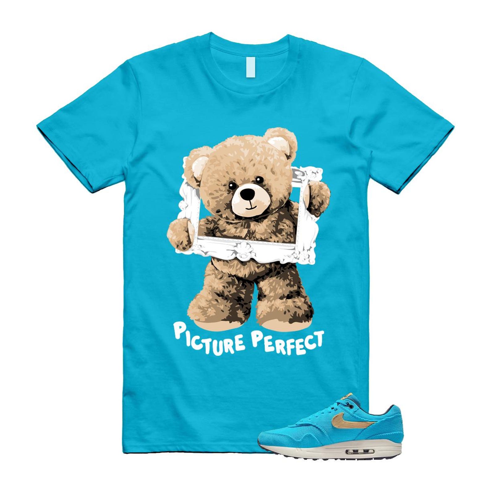 Air Max 1 Baltic Blue Corduroy Sesame White Gridiron Sail T Shirt Match PIC ,FB8915-400 T-Shirt, Sneaker Match Tee