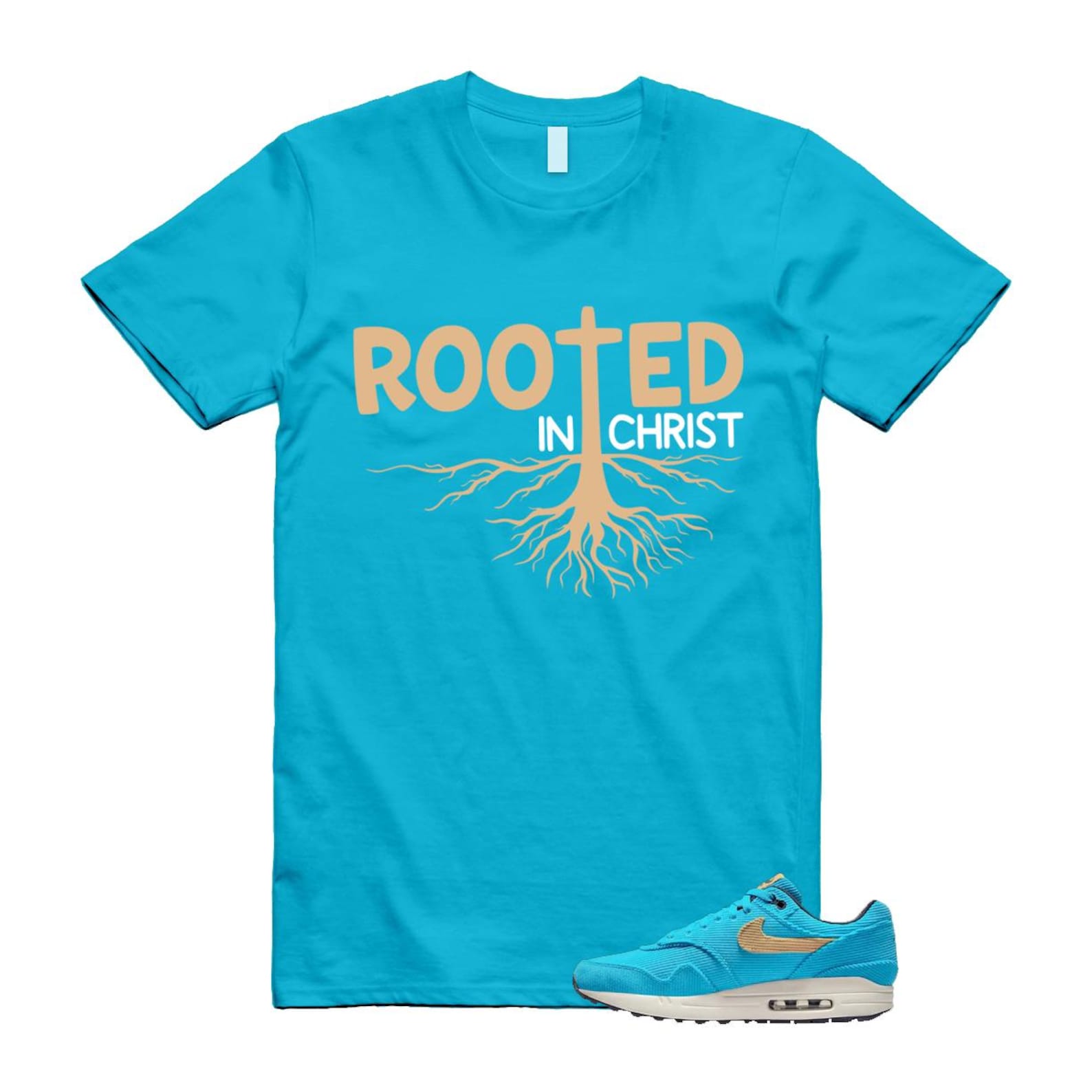 Air Max 1 Baltic Blue Corduroy Sesame White Gridiron Sail T Shirt Match ROOTED ,FB8915-400 T-Shirt, Sneaker Match Tee