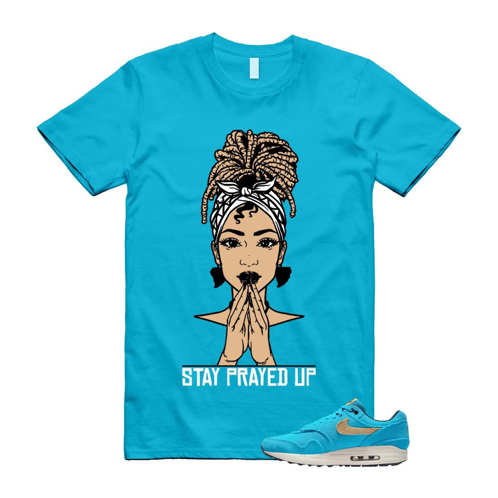 Air Max 1 Baltic Blue Corduroy Sesame White Gridiron Sail T Shirt Match PRAY ,FB8915-400 T-Shirt, Sneaker Match Tee