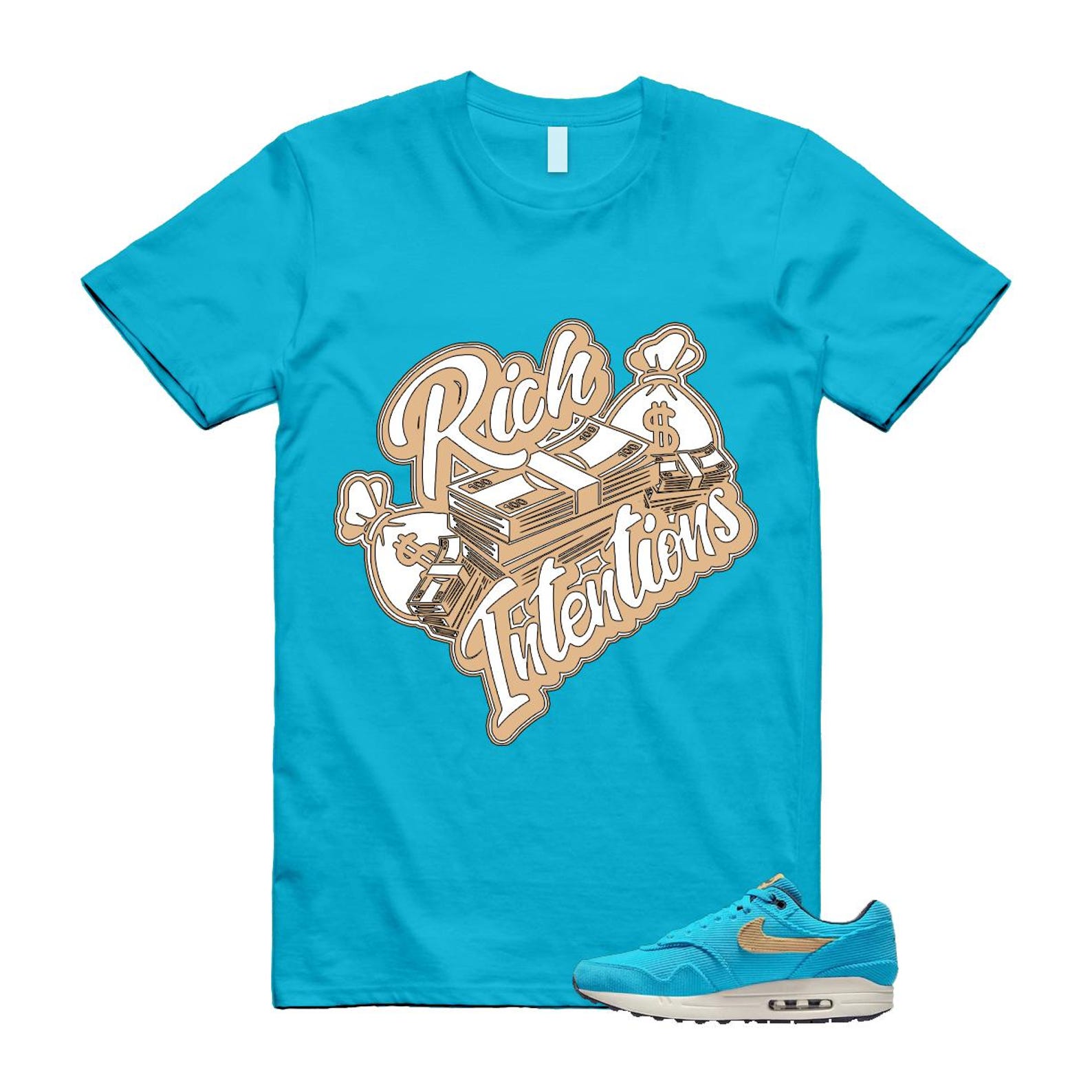 Air Max 1 Baltic Blue Corduroy Sesame White Gridiron Sail T Shirt Match RICH ,FB8915-400 T-Shirt, Sneaker Match Tee