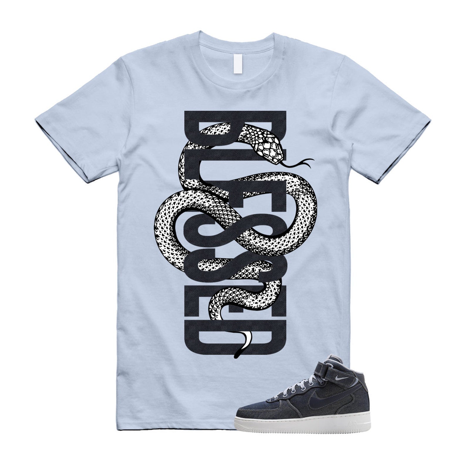 Air Force 1 Denim '07 Mid Obsidian Summit White Ashen Slate T Shirt Match SNAKEBLS ,DD9625-400 T-Shirt, Sneaker Match Tee