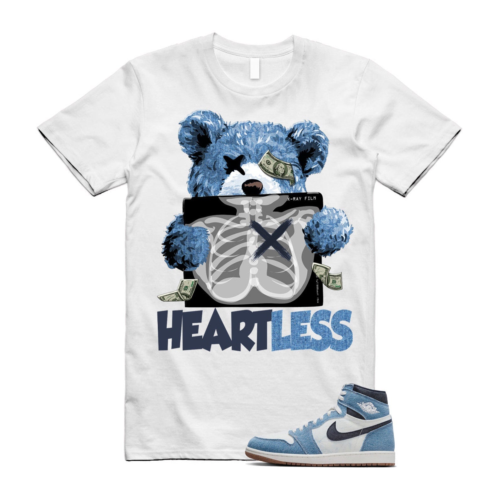 1 Denim Summit White High OG Obsidian Gum Medium Brown T Shirt Match HEART ,FQ2947-100 T-Shirt, Sneaker Match Tee