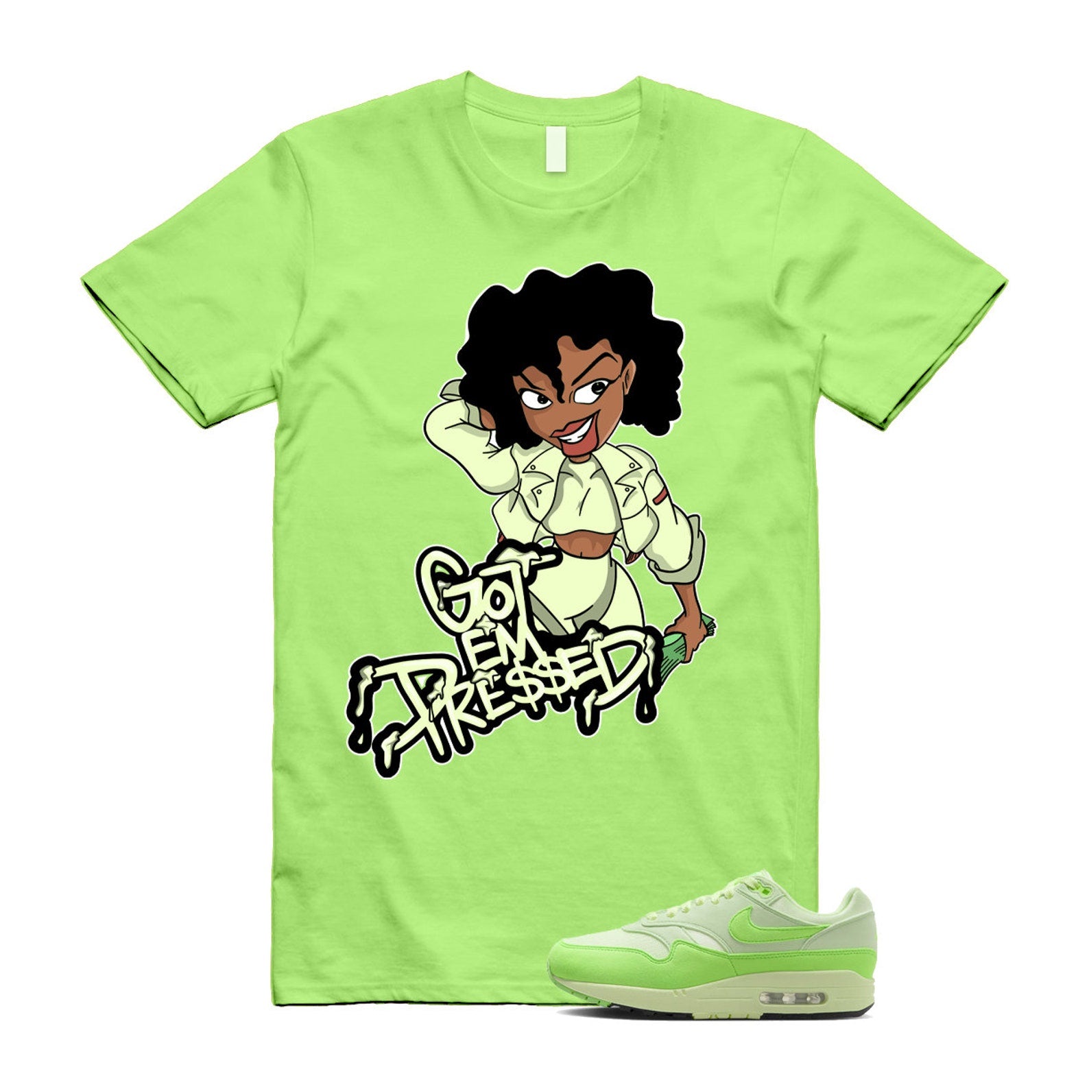 Air Max 1 '87 Vapor Green High Saturation Barely Volt Strike T Shirt Match PRESSED ,HJ7329-376 T-Shirt, Sneaker Match Tee