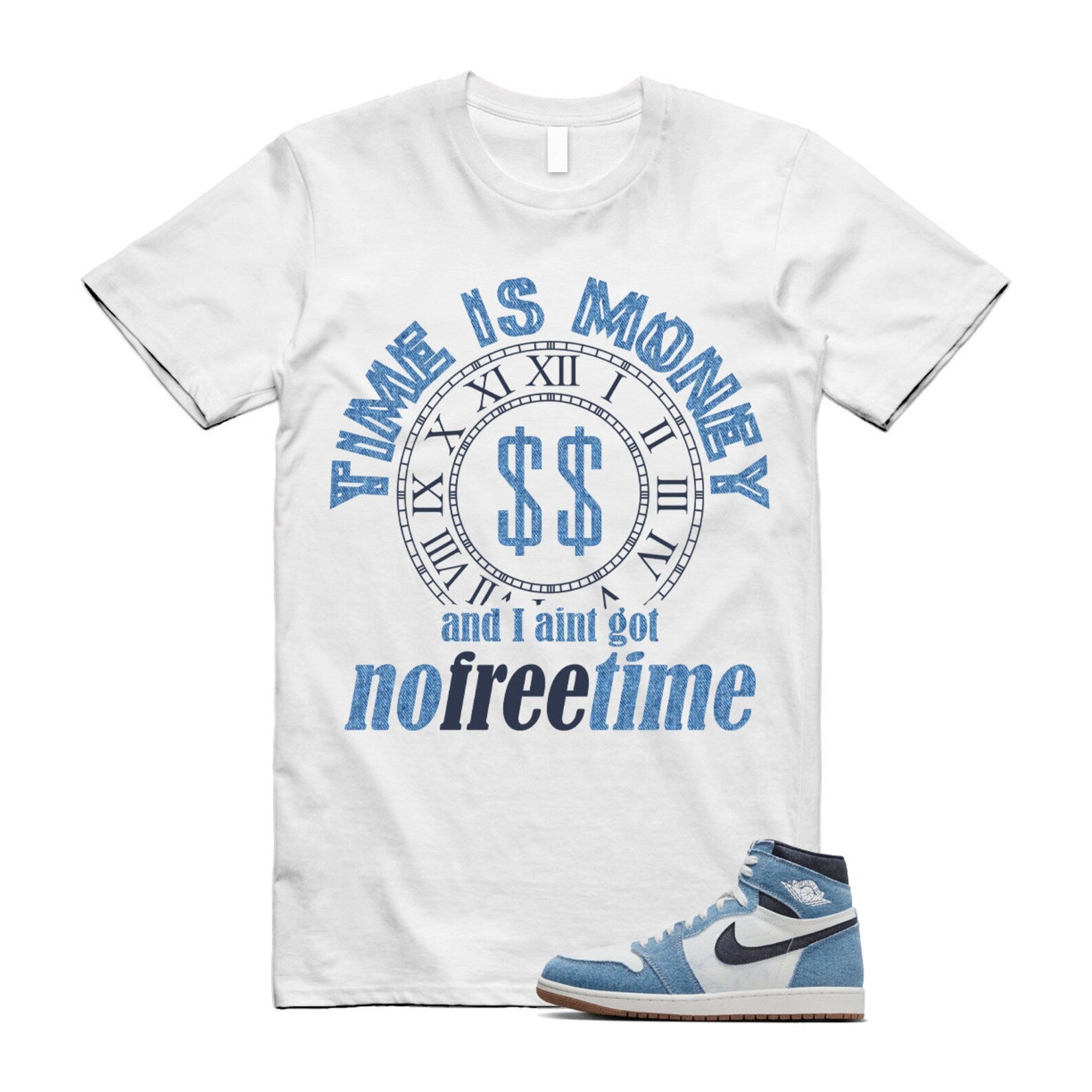 1 Denim Summit White High OG Obsidian Gum Medium Brown T Shirt Match FREE TIME ,FQ2947-100 T-Shirt, Sneaker Match Tee