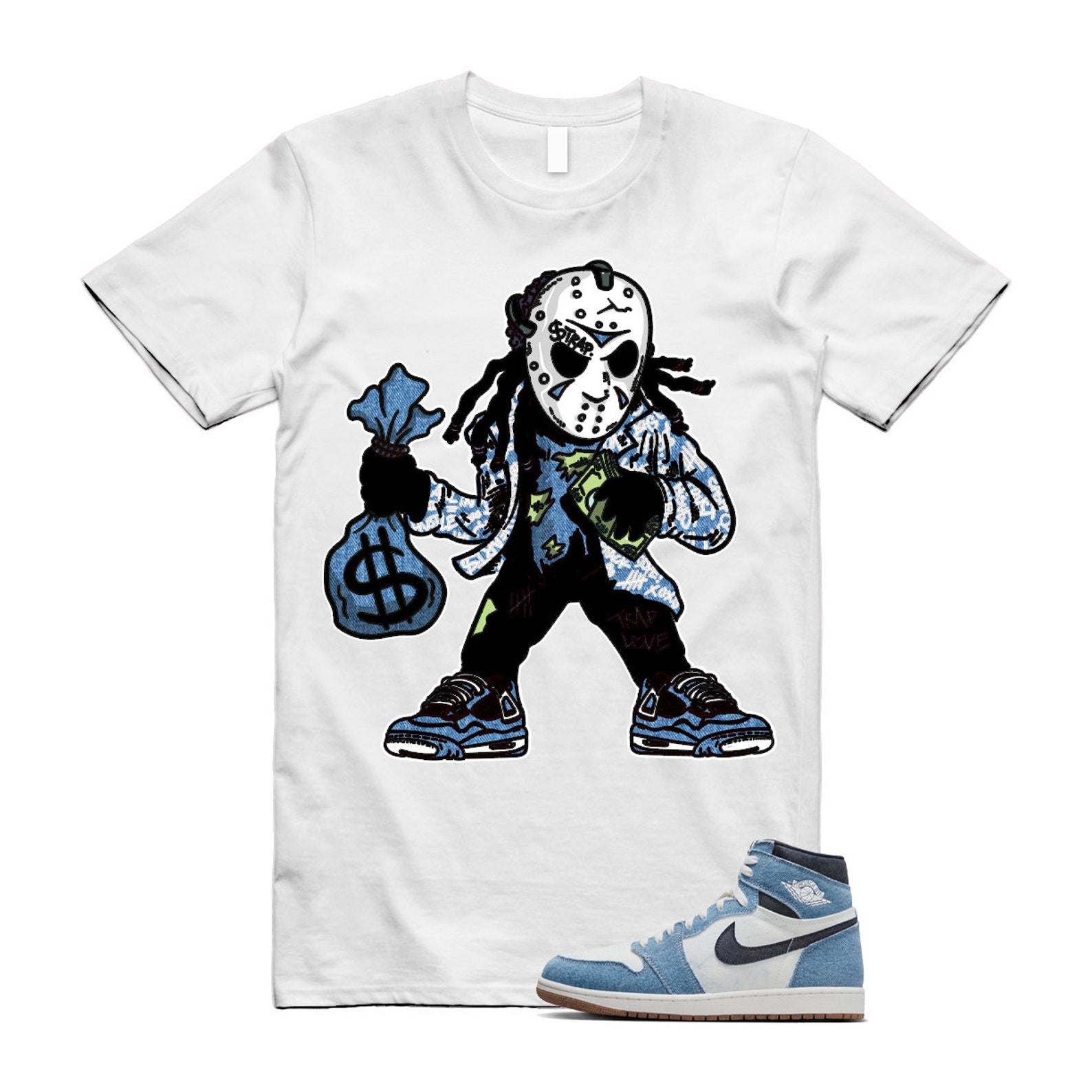 1 Denim Summit White High OG Obsidian Gum Medium Brown T Shirt Match JASON ,FQ2947-100 T-Shirt, Sneaker Match Tee