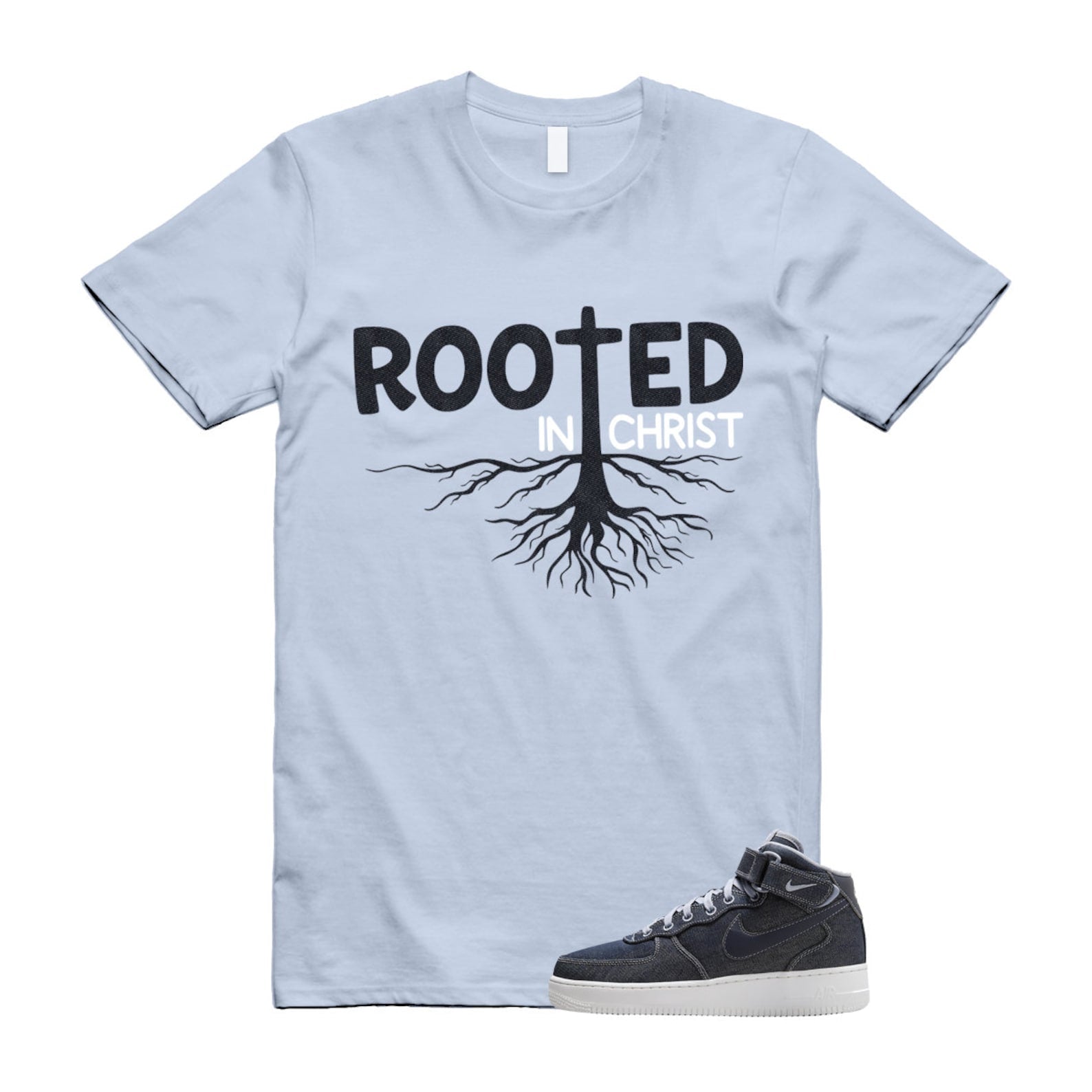 Air Force 1 Denim '07 Mid Obsidian Summit White Ashen Slate T Shirt Match ROOTED ,DD9625-400 T-Shirt, Sneaker Match Tee