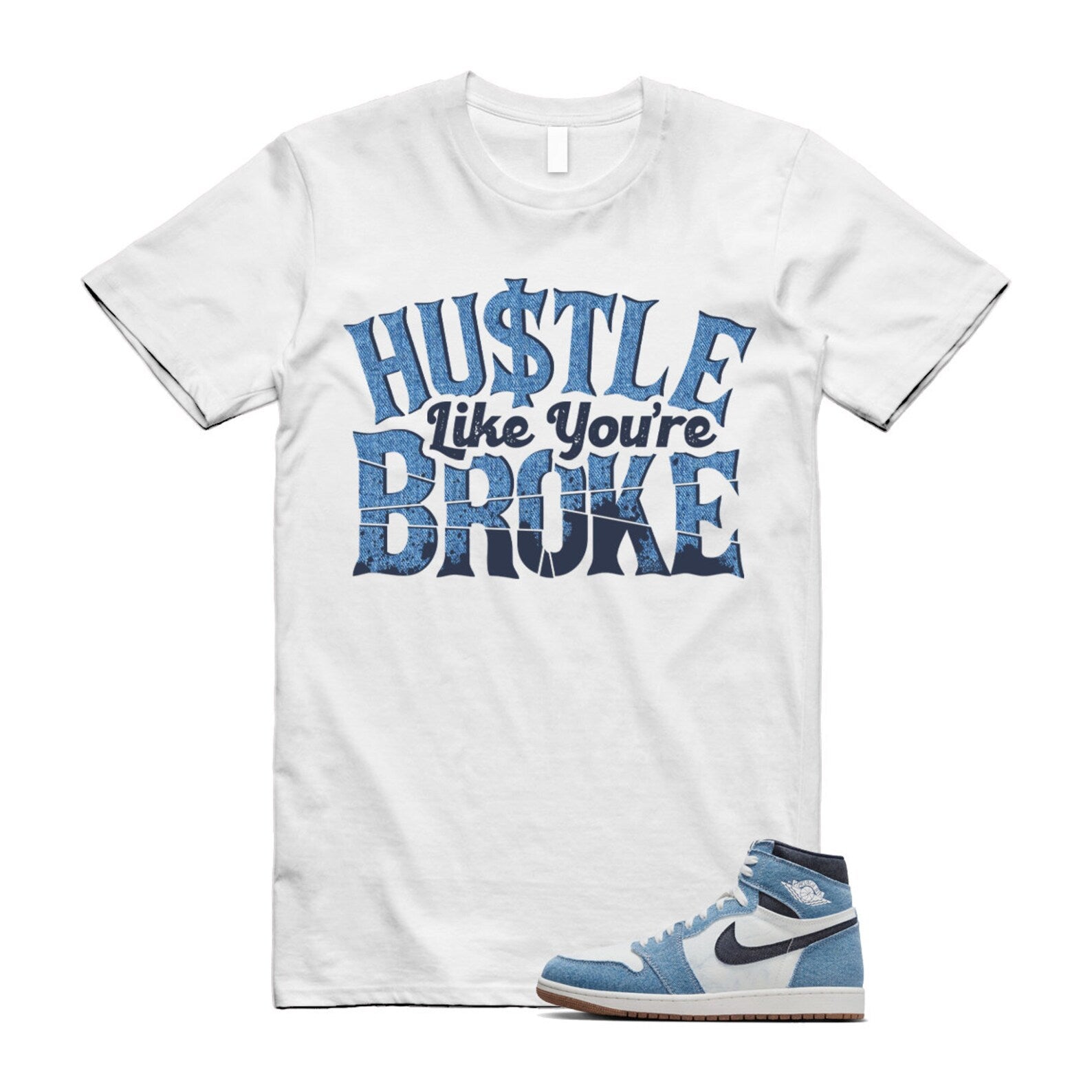 1 Denim Summit White High OG Obsidian Gum Medium Brown T Shirt Match BROKE ,FQ2947-100 T-Shirt, Sneaker Match Tee