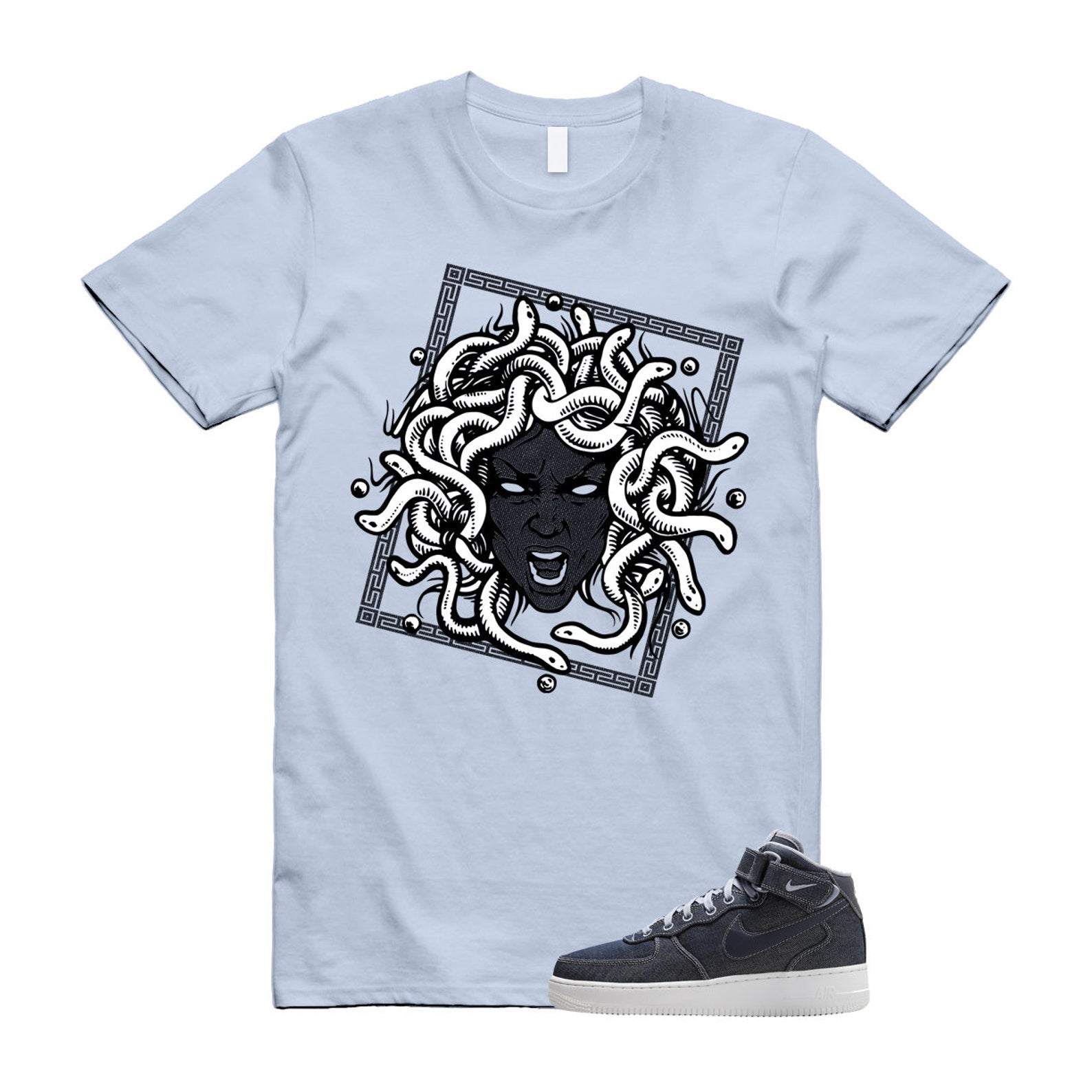 Air Force 1 Denim '07 Mid Obsidian Summit White Ashen Slate T Shirt Match SHM ,DD9625-400 T-Shirt, Sneaker Match Tee