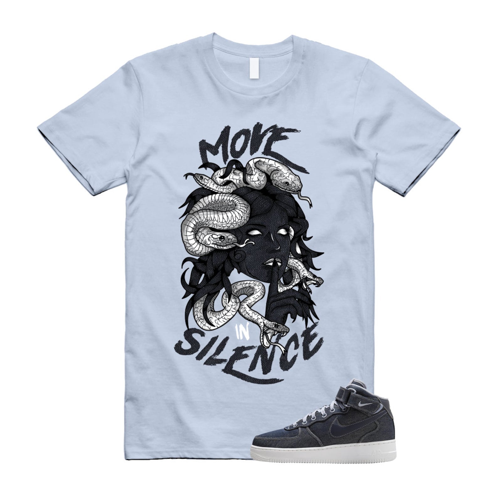 Air Force 1 Denim '07 Mid Obsidian Summit White Ashen Slate T Shirt Match MIS ,DD9625-400 T-Shirt, Sneaker Match Tee