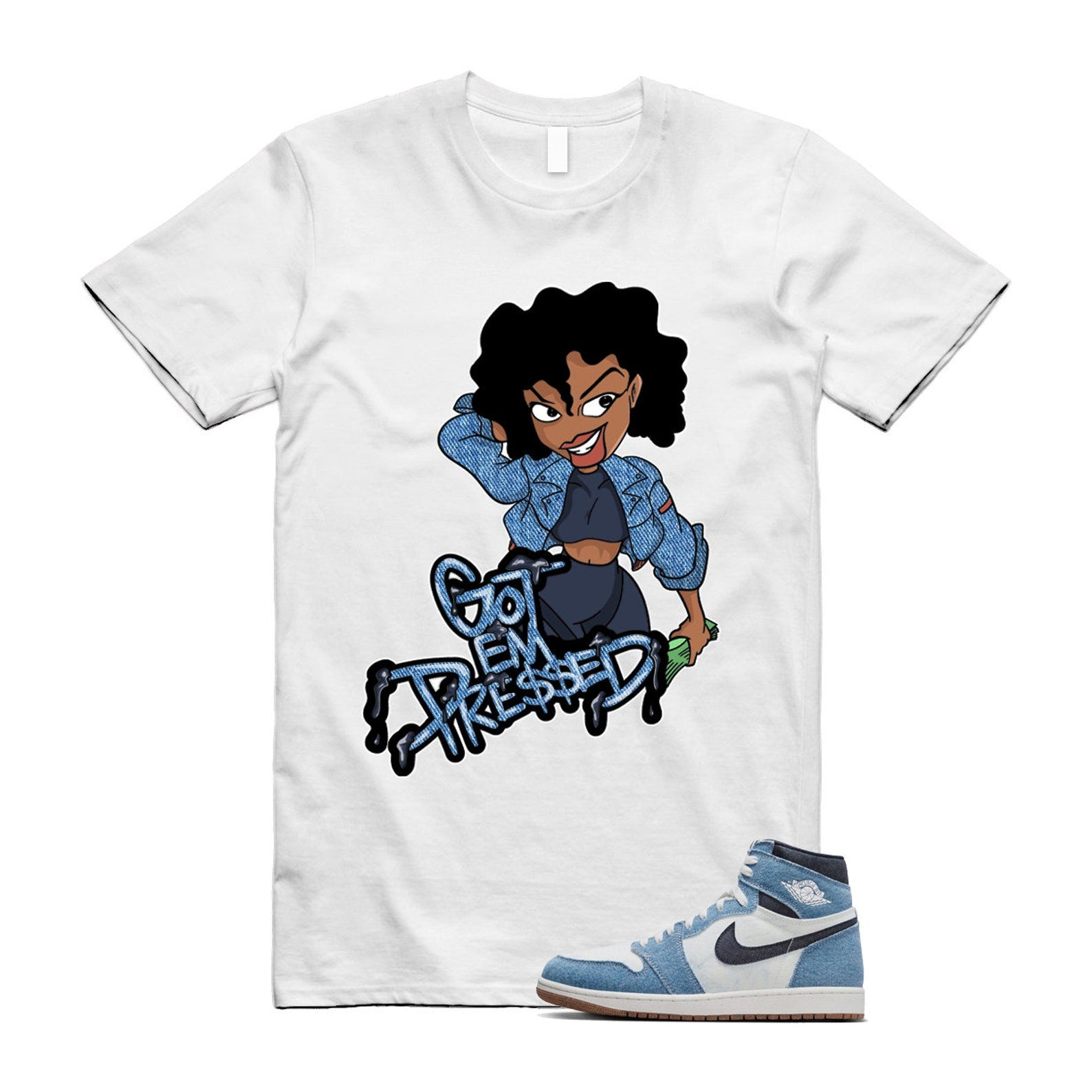 1 Denim Summit White High OG Obsidian Gum Medium Brown T Shirt Match PRESSED ,FQ2947-100 T-Shirt, Sneaker Match Tee