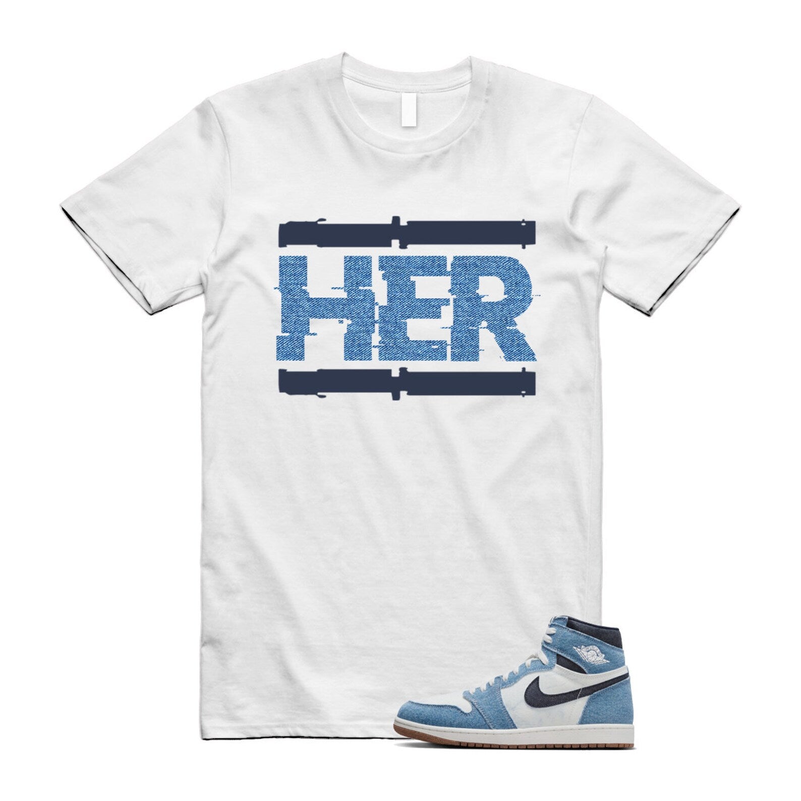 1 Denim Summit White High OG Obsidian Gum Medium Brown T Shirt Match HER ,FQ2947-100 T-Shirt, Sneaker Match Tee