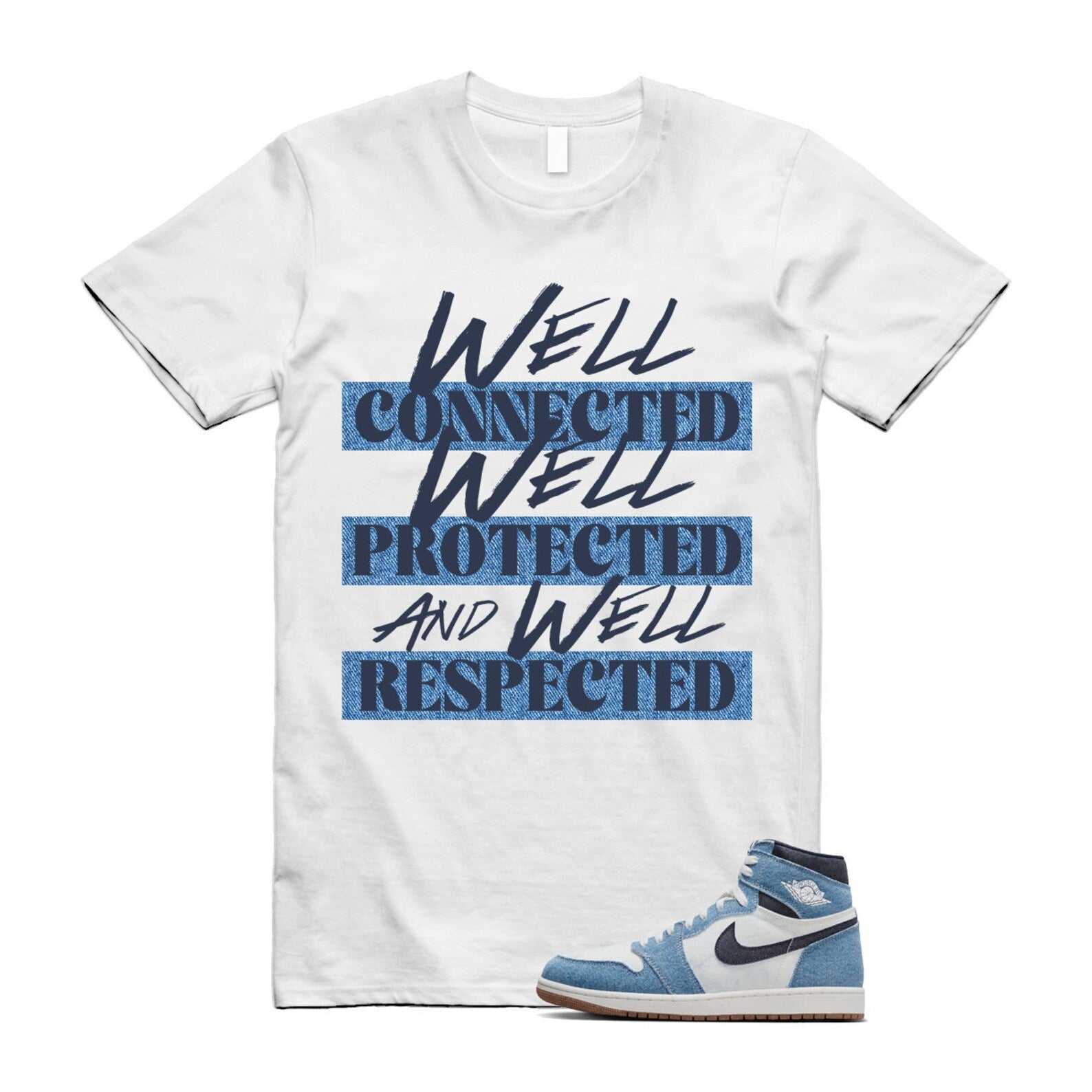 1 Denim Summit White High OG Obsidian Gum Medium Brown T Shirt Match WELL ,FQ2947-100 T-Shirt, Sneaker Match Tee