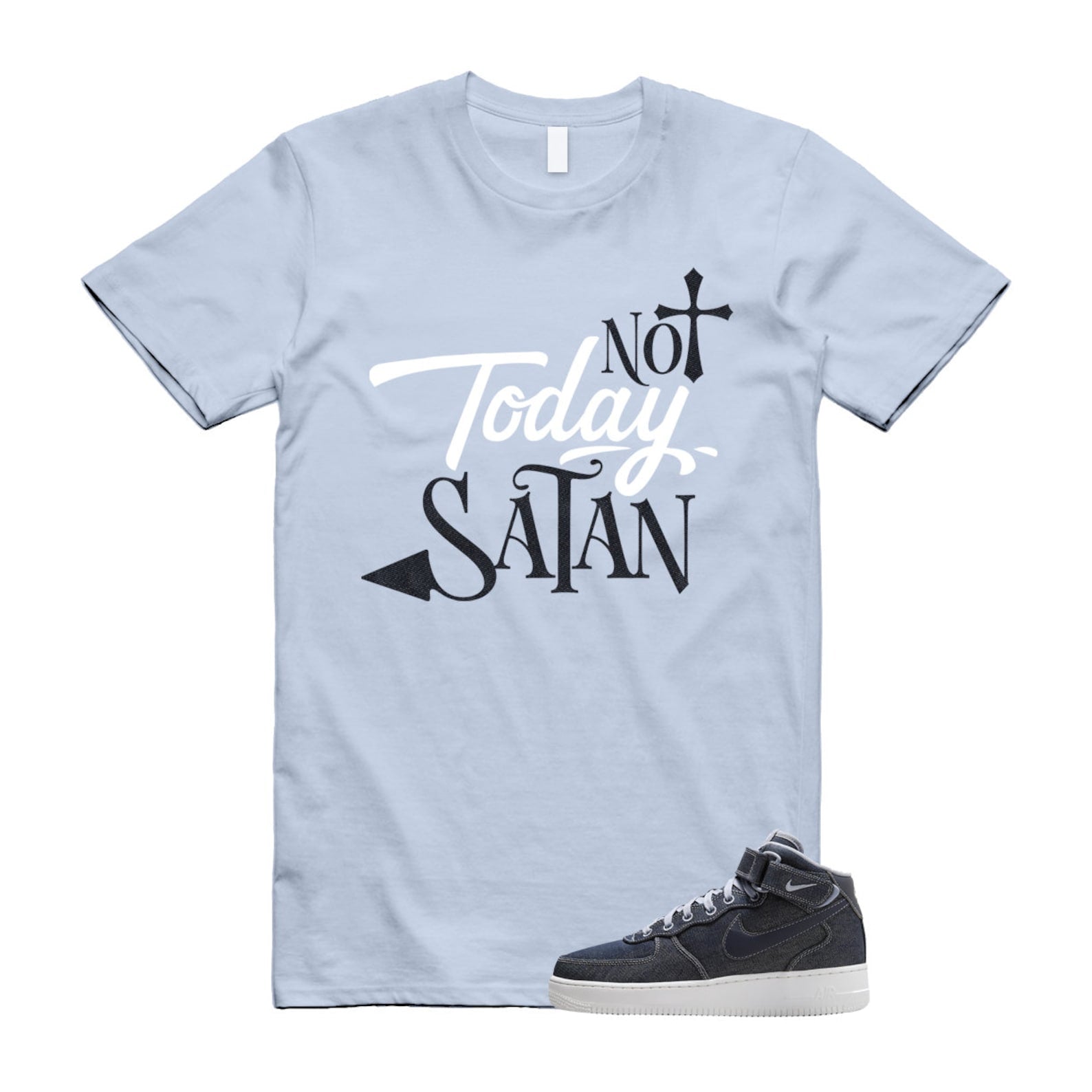 Air Force 1 Denim '07 Mid Obsidian Summit White Ashen Slate T Shirt Match SATAN ,DD9625-400 T-Shirt, Sneaker Match Tee