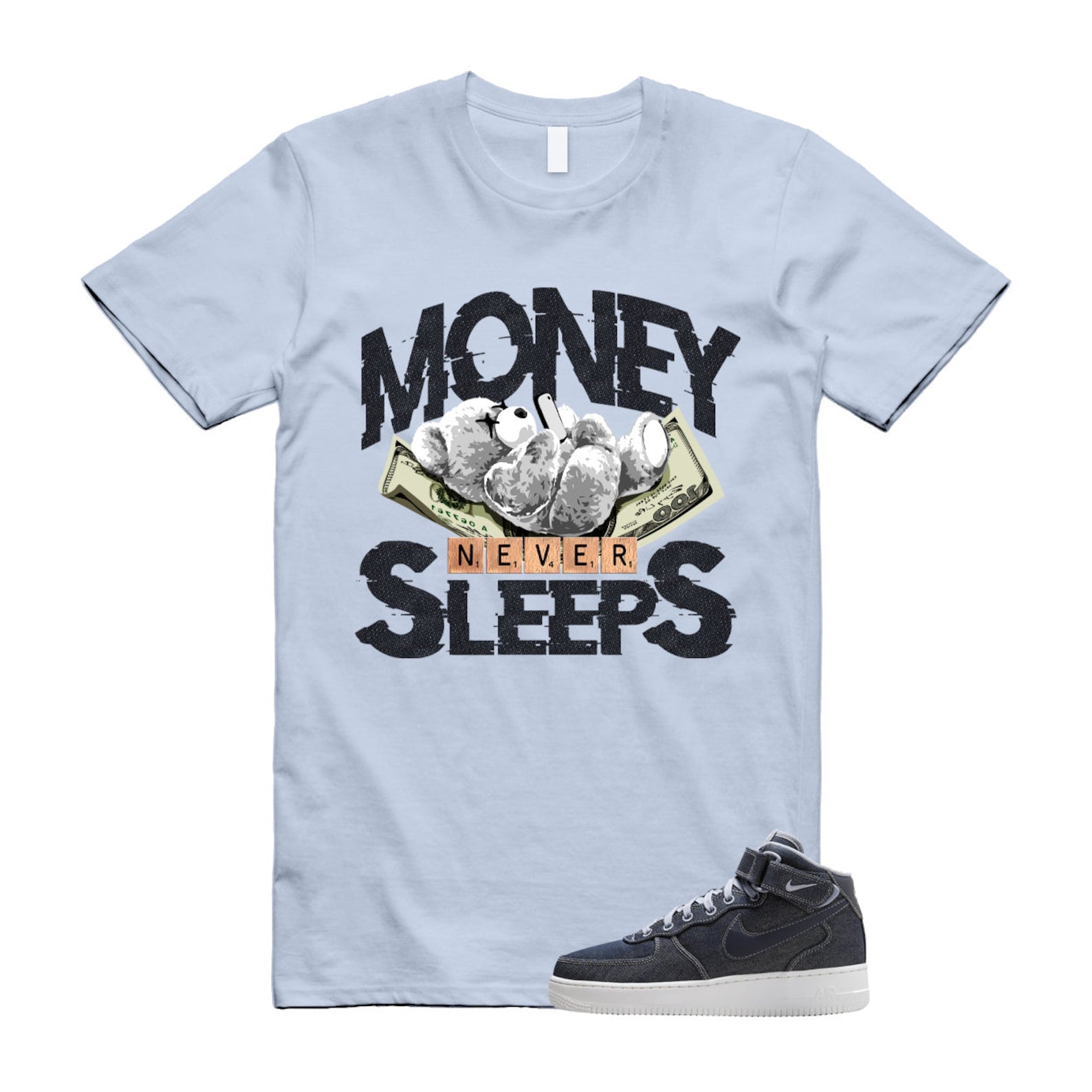 Air Force 1 Denim '07 Mid Obsidian Summit White Ashen Slate T Shirt Match MNS ,DD9625-400 T-Shirt, Sneaker Match Tee