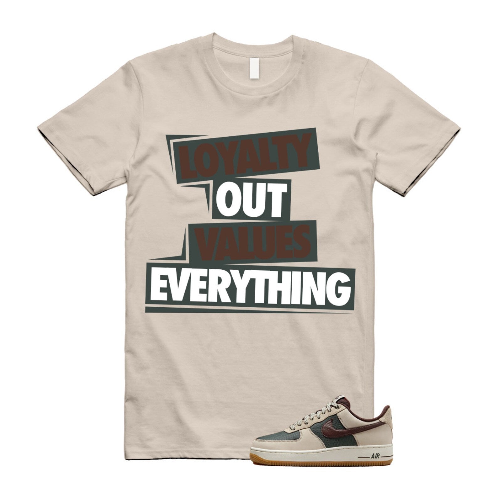 Air Force 1 Cream II Vintage Green Sail Earth '07 Brown T Shirt Match LOVE ,FQ8823-236 T-Shirt, Sneaker Match Tee