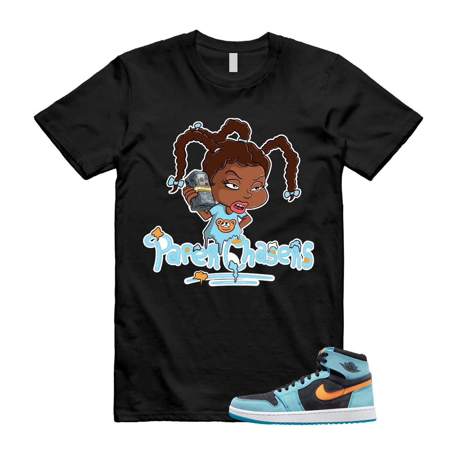 PC T Shirt to match Air J 1 High Zoom Comfort 2 Black Teal Bright Citrus Orange Turquoise ,DV1307-408 T-Shirt, Sneaker Match Tee