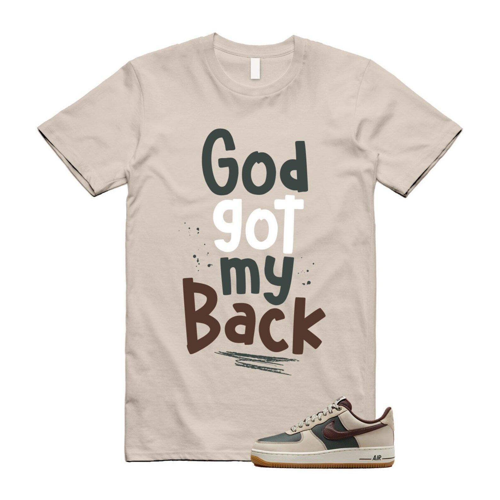 Air Force 1 Cream II Vintage Green Sail Earth '07 Brown T Shirt Match GOD ,FQ8823-236 T-Shirt, Sneaker Match Tee