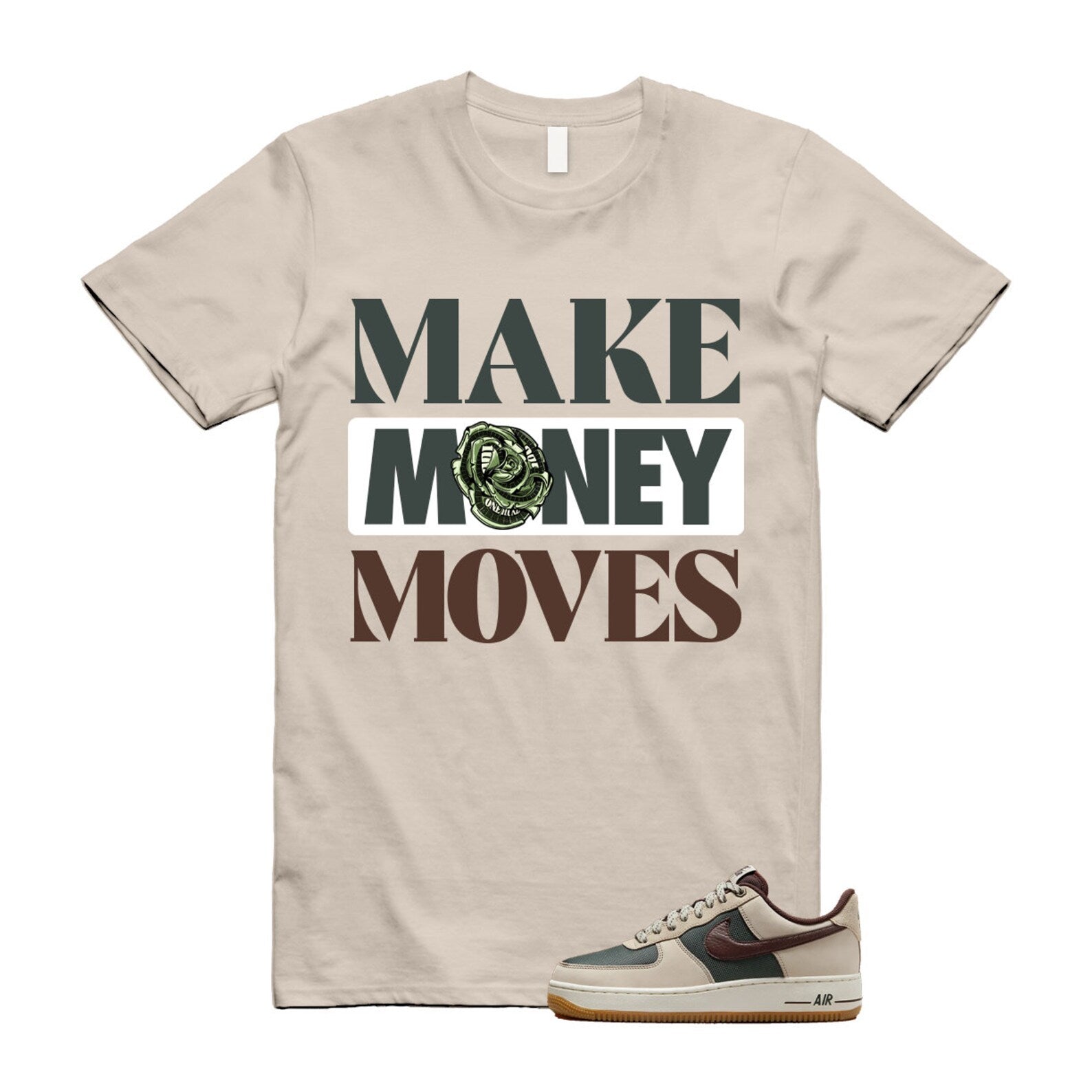 Air Force 1 Cream II Vintage Green Sail Earth '07 Brown T Shirt Match MOVES ,FQ8823-236 T-Shirt, Sneaker Match Tee