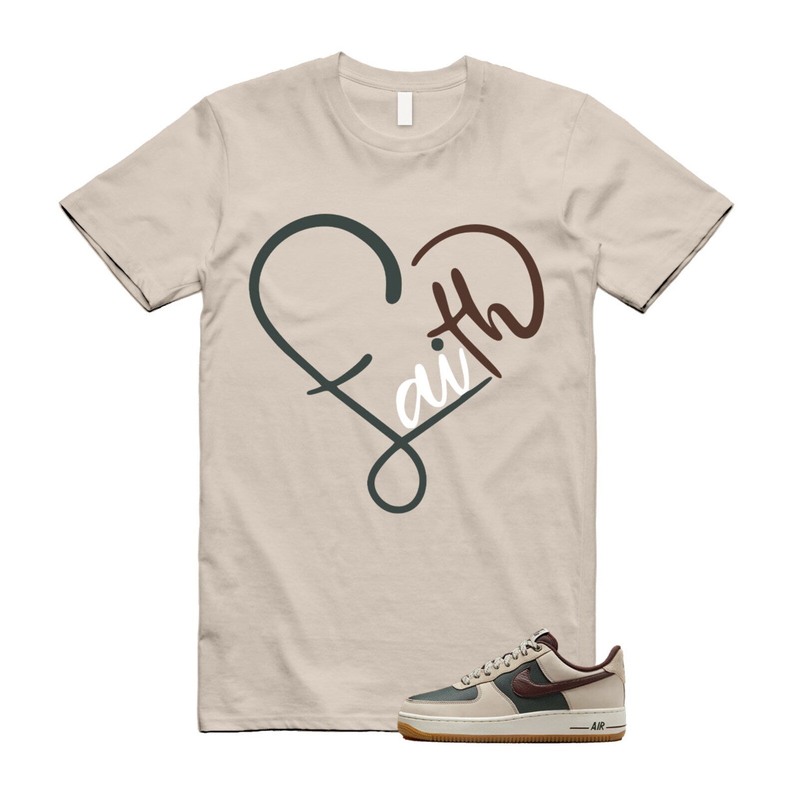 Air Force 1 Cream II Vintage Green Sail Earth '07 Brown T Shirt Match FAITH ,FQ8823-236 T-Shirt, Sneaker Match Tee