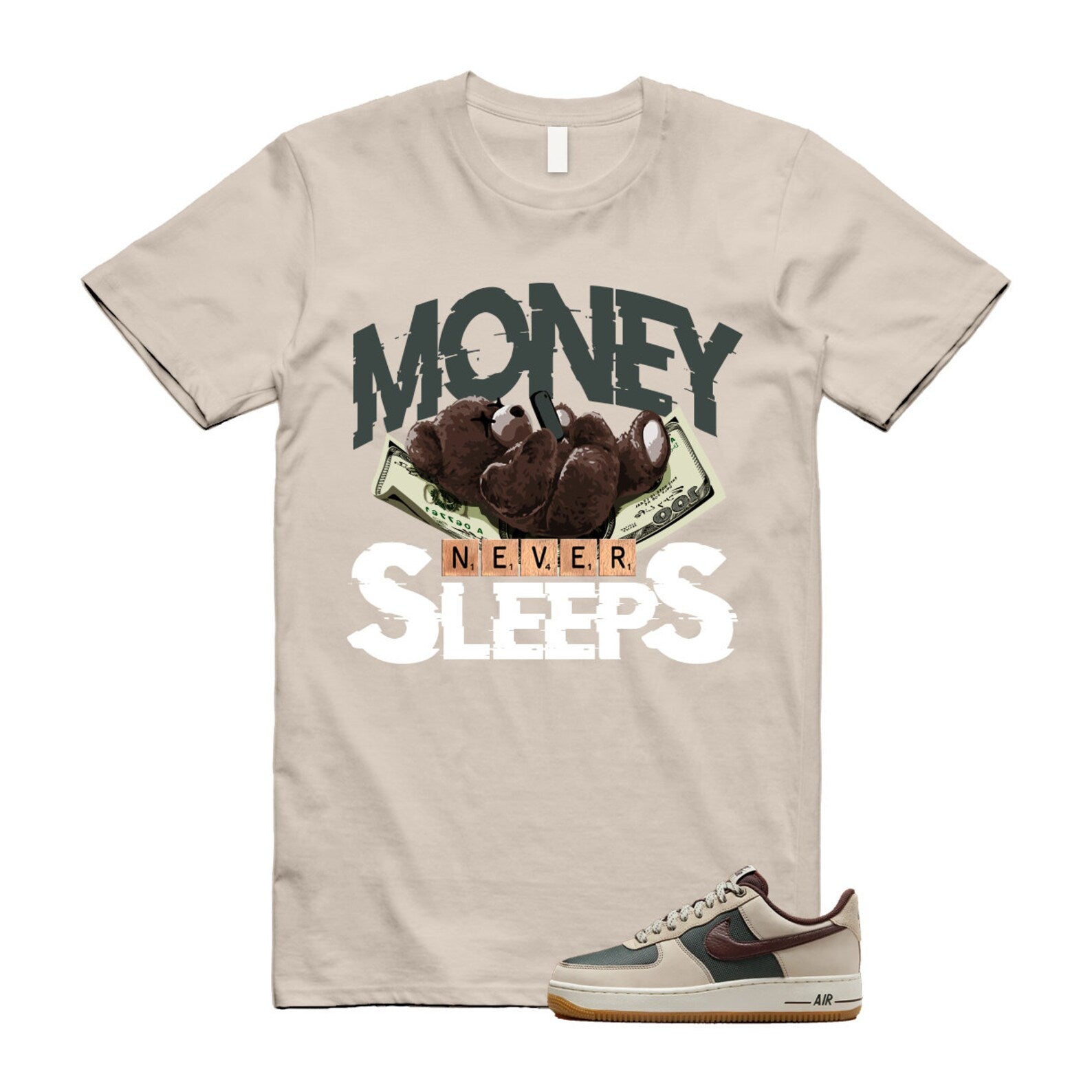 Air Force 1 Cream II Vintage Green Sail Earth '07 Brown T Shirt Match MNS ,FQ8823-236 T-Shirt, Sneaker Match Tee