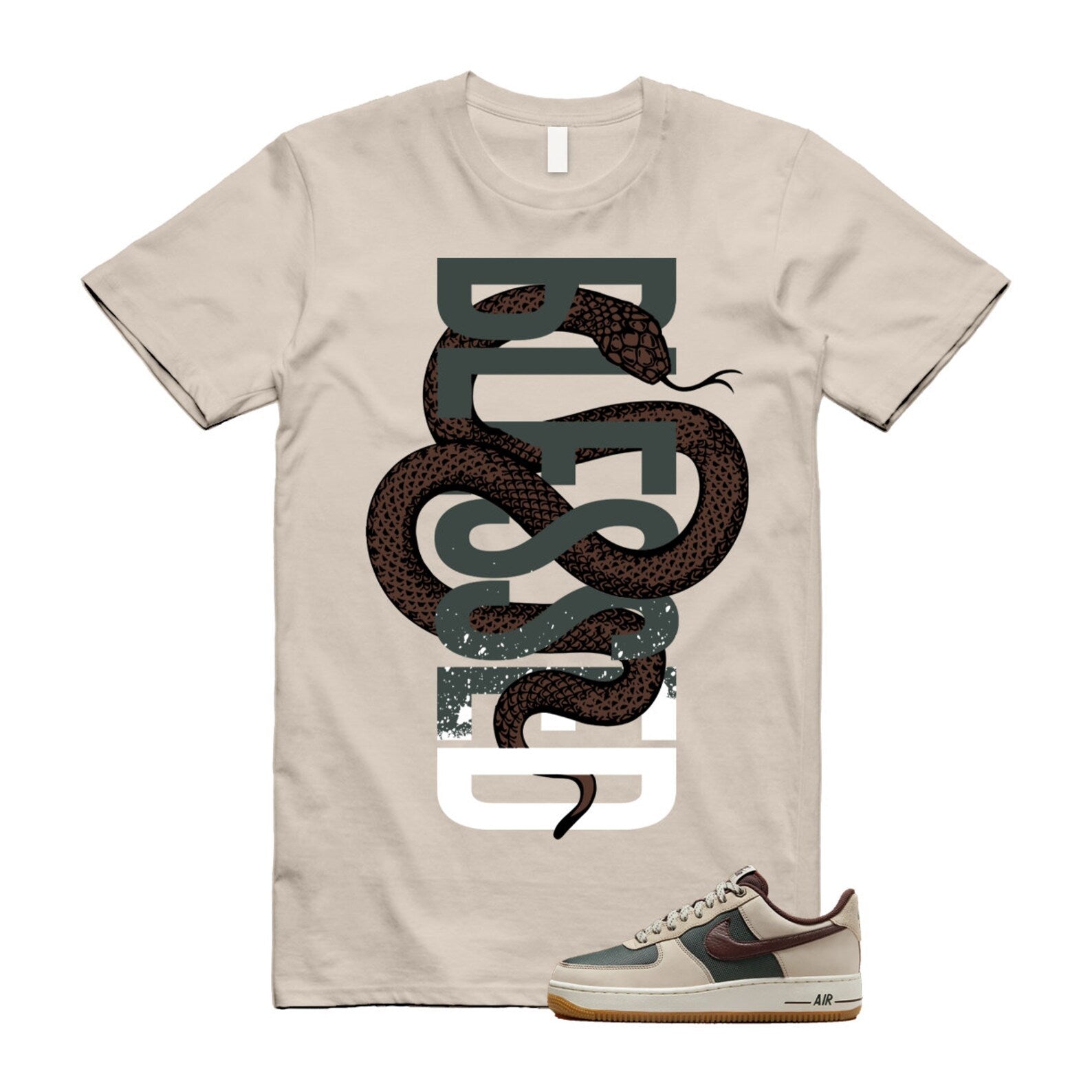 Air Force 1 Cream II Vintage Green Sail Earth '07 Brown T Shirt Match SNAKEBLS ,FQ8823-236 T-Shirt, Sneaker Match Tee