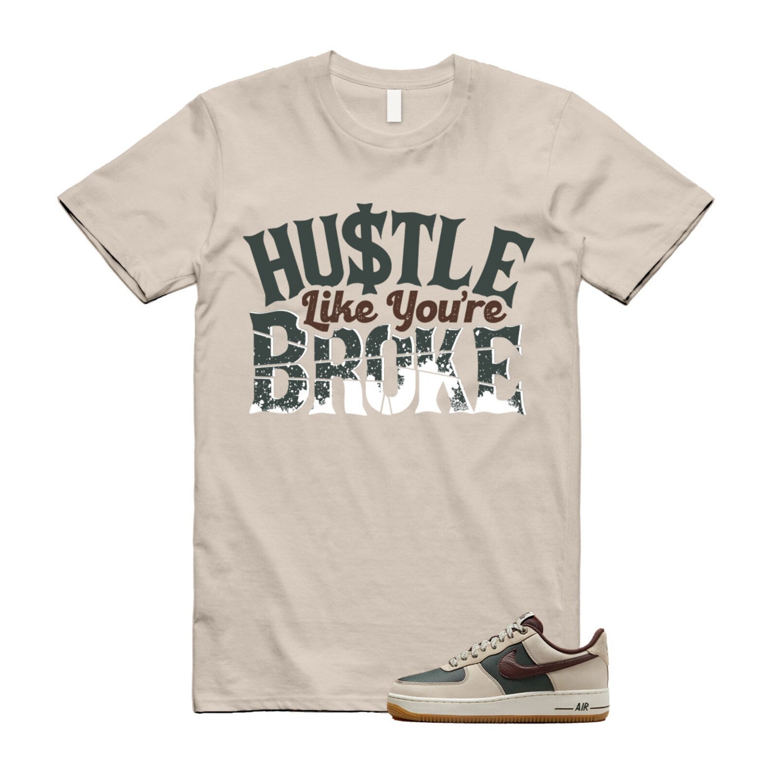 Air Force 1 Cream II Vintage Green Sail Earth '07 Brown T Shirt Match BROKE ,FQ8823-236 T-Shirt, Sneaker Match Tee