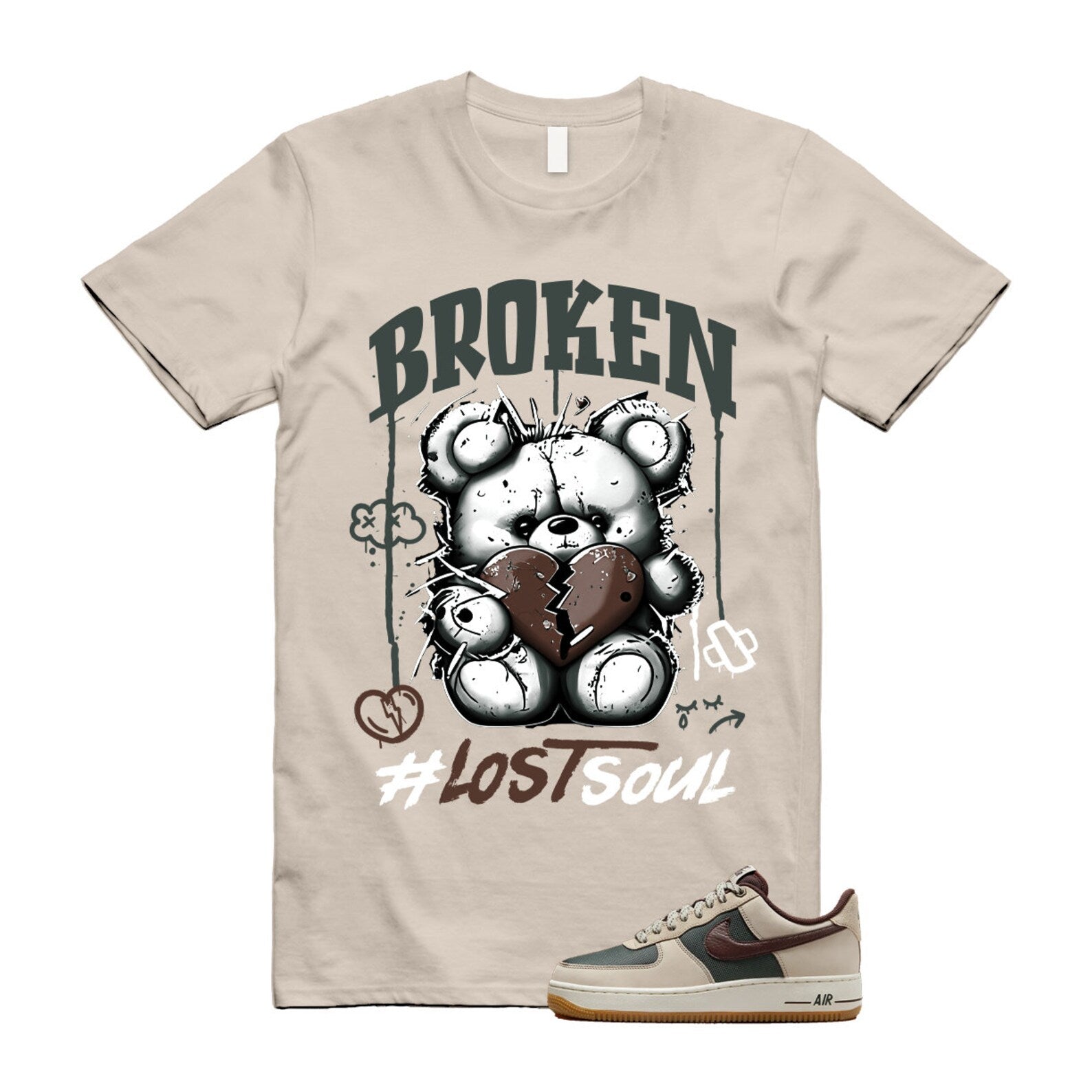 Air Force 1 Cream II Vintage Green Sail Earth '07 Brown T Shirt Match BRLS ,FQ8823-236 T-Shirt, Sneaker Match Tee