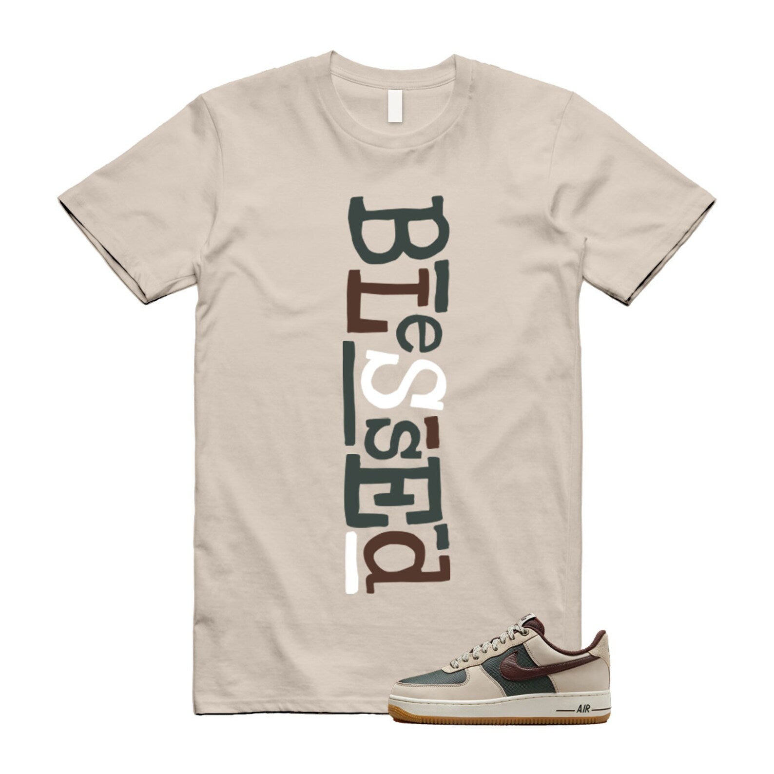 Air Force 1 Cream II Vintage Green Sail Earth '07 Brown T Shirt Match B2 ,FQ8823-236 T-Shirt, Sneaker Match Tee