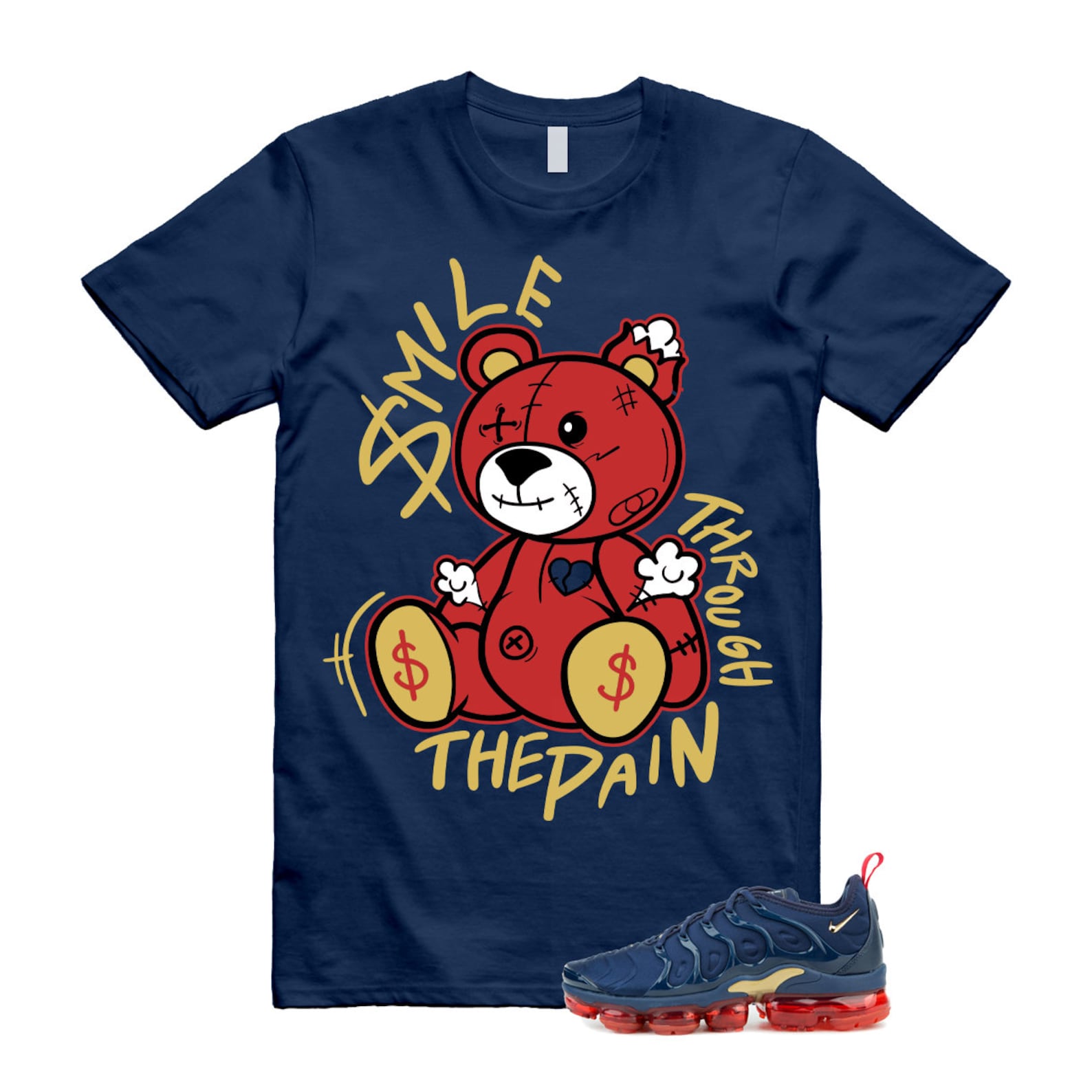 VaporMax Olympic Air Plus Midnight Navy Gold Black T Shirt Match Smile Through The Pain ,924453-405 T-Shirt, Sneaker Match Tee