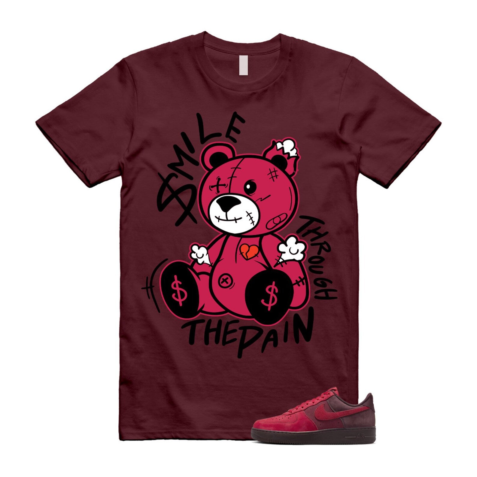 Air Force 1 Layers of Love University Red Burgundy Crush Gym Team Red Pacific Moss Low T Shirt Match Smile Through The Pain ,FZ4033-657 T-Shirt, Sneaker Match Tee