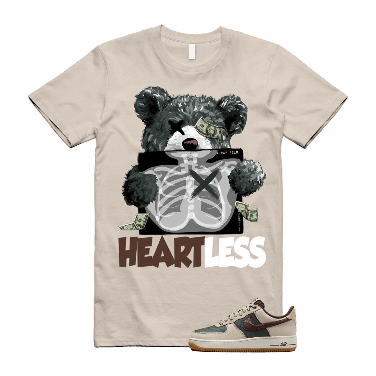 Air Force 1 Cream II Vintage Green Sail Earth '07 Brown T Shirt Match HEART ,FQ8823-236 T-Shirt, Sneaker Match Tee