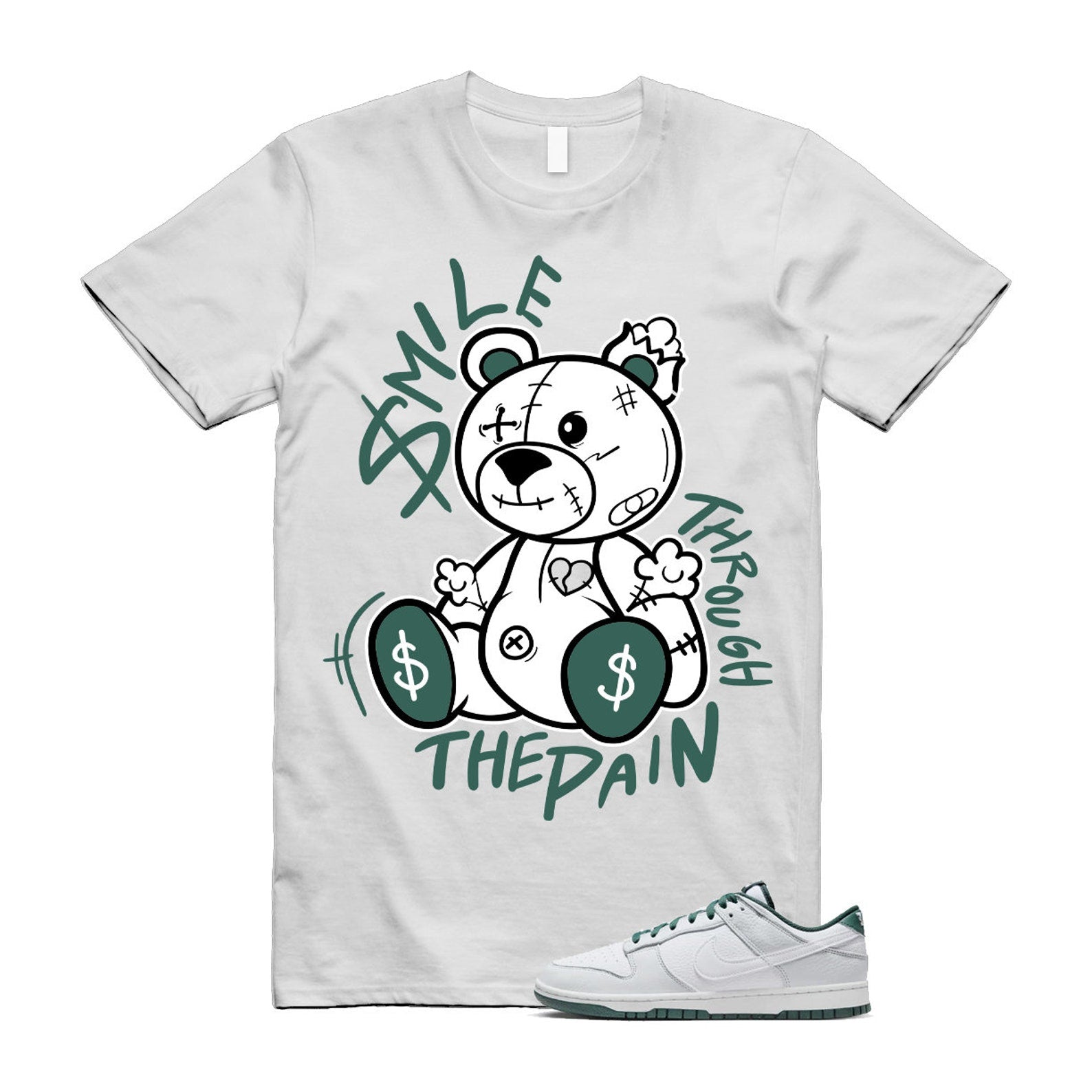 Dunk Photon Dust Vintage Green Low Retro SE White T Shirt Match Smile Through The Pain ,HF2874-001 T-Shirt, Sneaker Match Tee