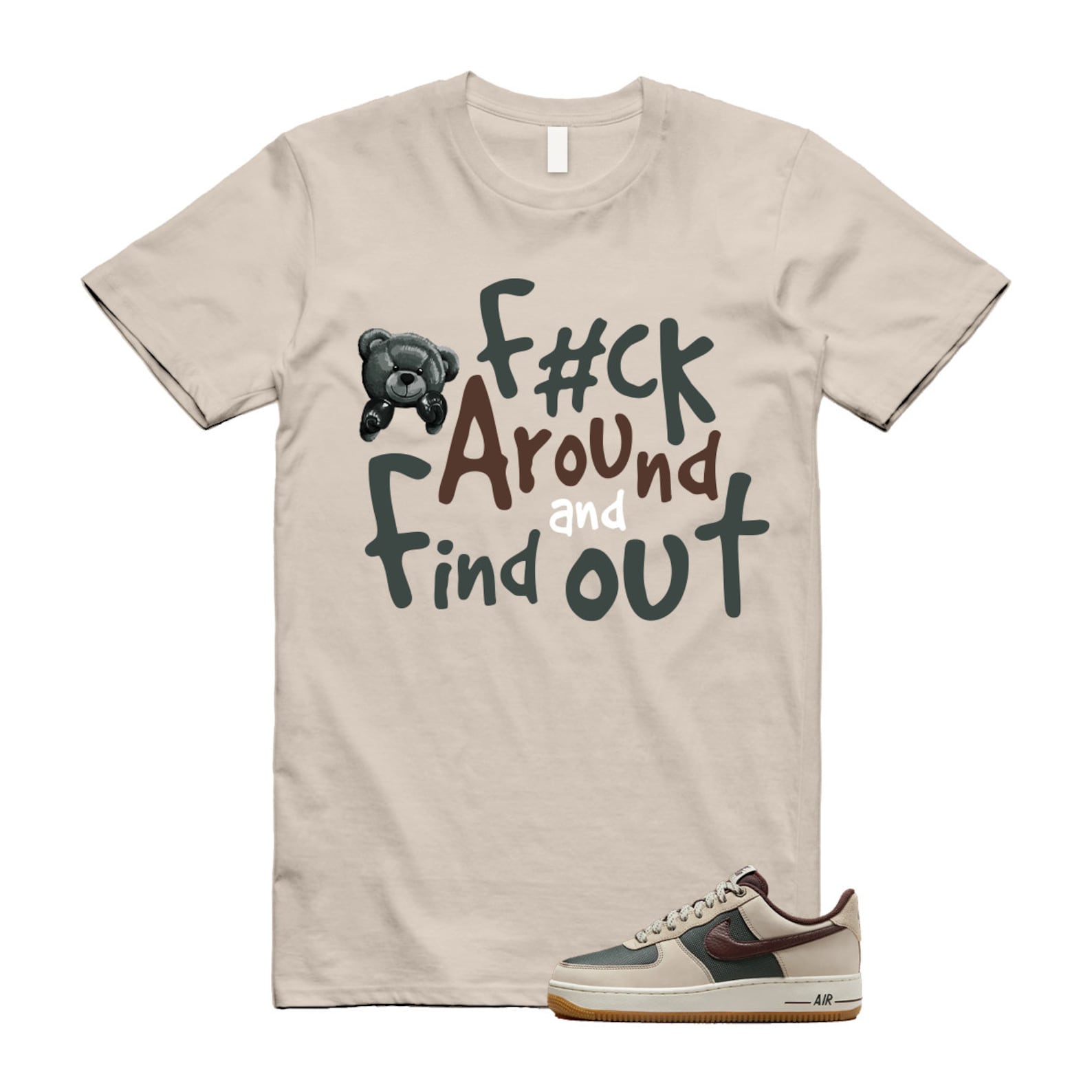 Air Force 1 Cream II Vintage Green Sail Earth '07 Brown T Shirt Match FCK ,FQ8823-236 T-Shirt, Sneaker Match Tee