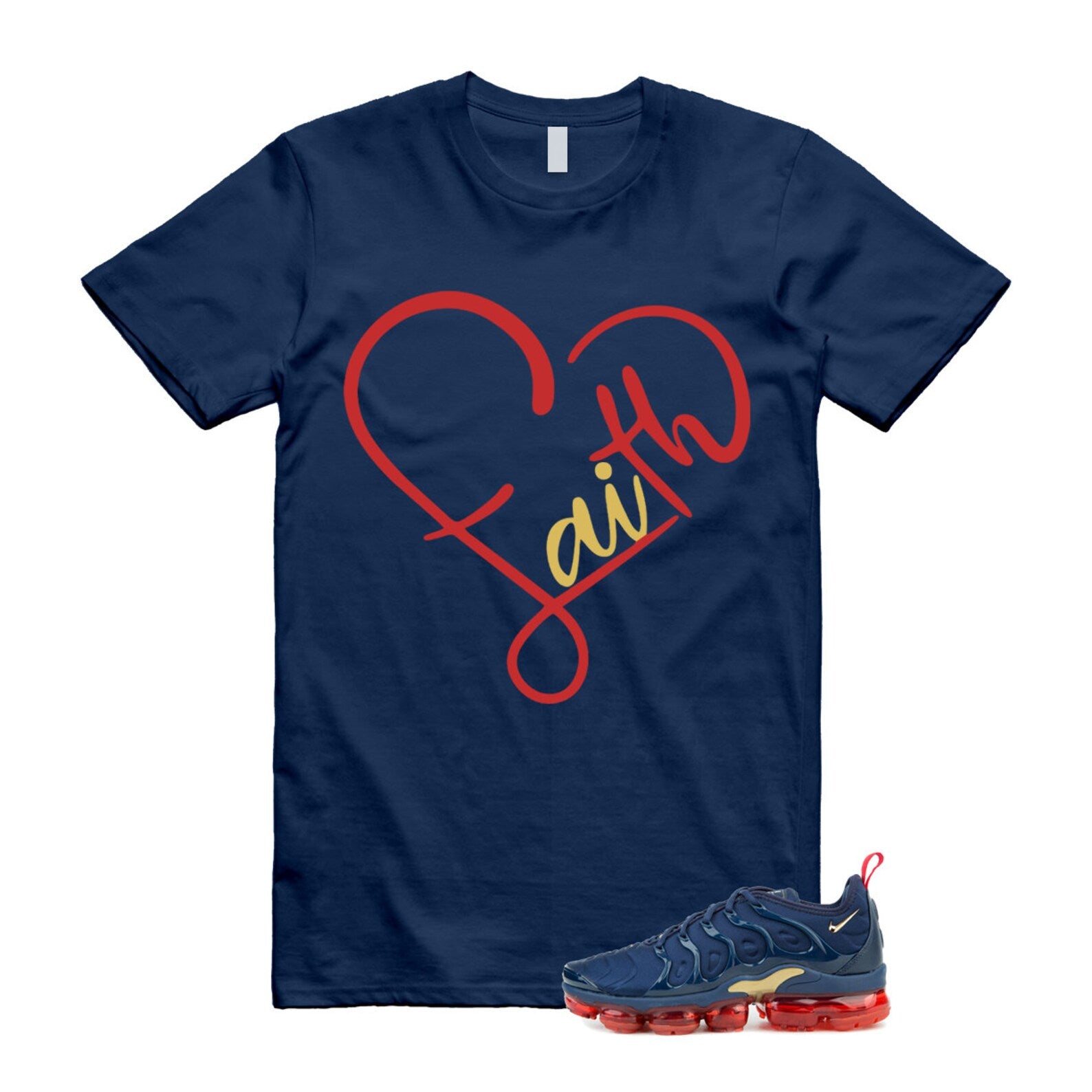 VaporMax Olympic Air Plus Midnight Navy Gold Black T Shirt Match FAITH ,924453-405 T-Shirt, Sneaker Match Tee