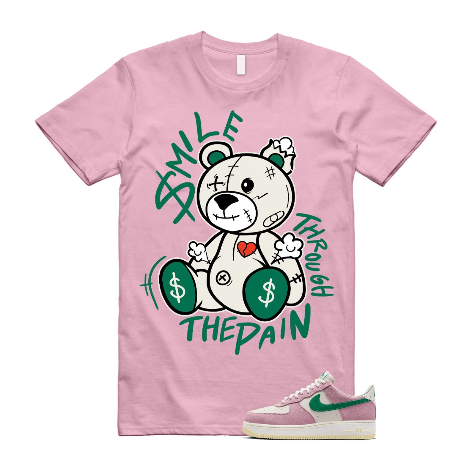 Air Force Pink Malachite 1 Low '07 LV8 Medium Soft Sail Alabaster T Shirt Match Smile Through The Pain ,FV9346-100 T-Shirt, Sneaker Match Tee