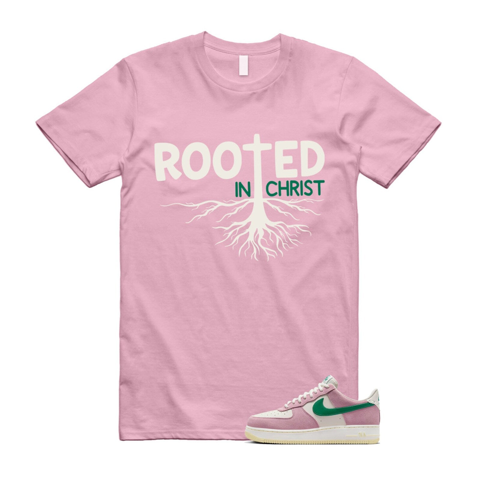 Air Force Pink Malachite 1 Low '07 LV8 Medium Soft Sail Alabaster T Shirt Match ROOTED ,FV9346-100 T-Shirt, Sneaker Match Tee