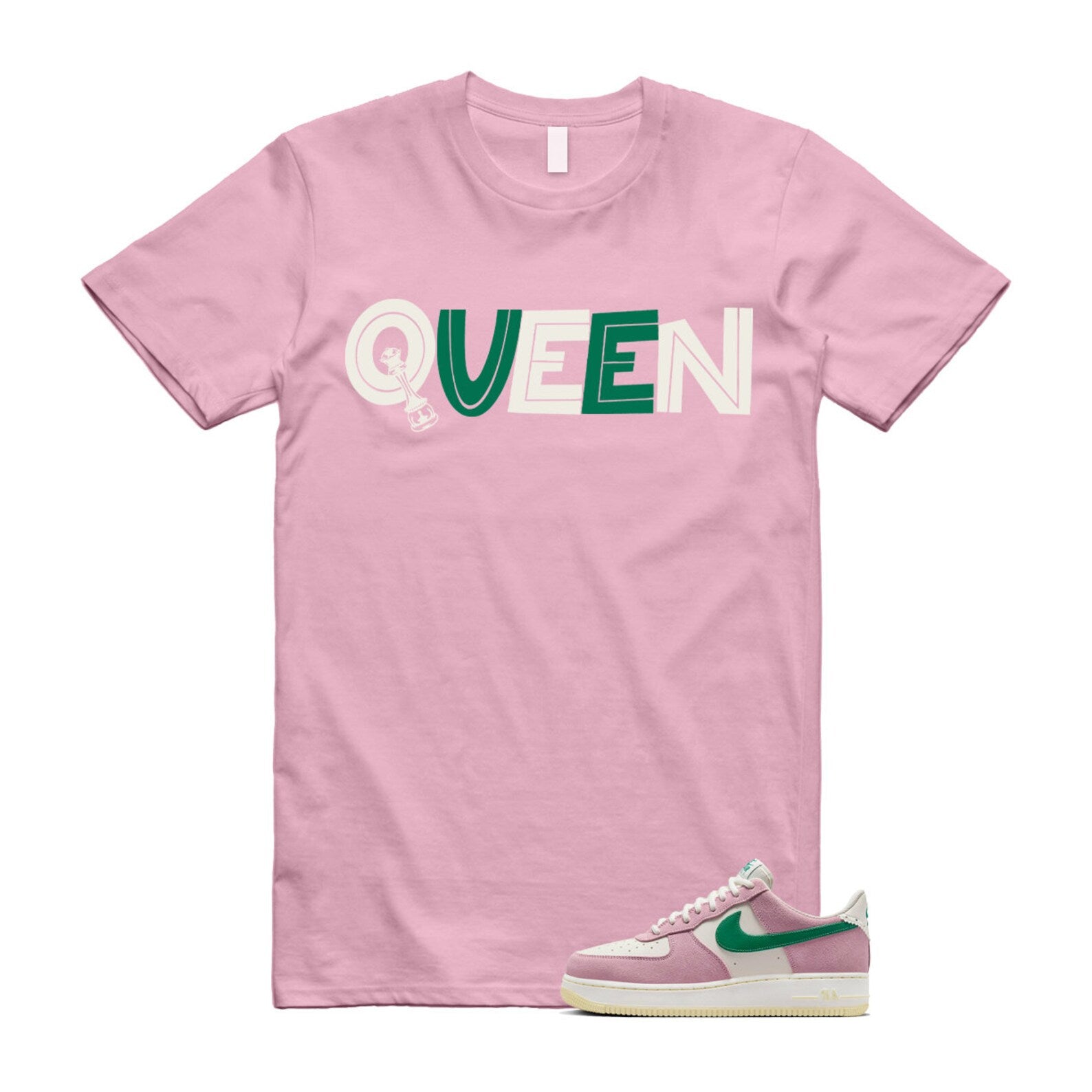 Air Force Pink Malachite 1 Low '07 LV8 Medium Soft Sail Alabaster T Shirt Match QUEEN ,FV9346-100 T-Shirt, Sneaker Match Tee