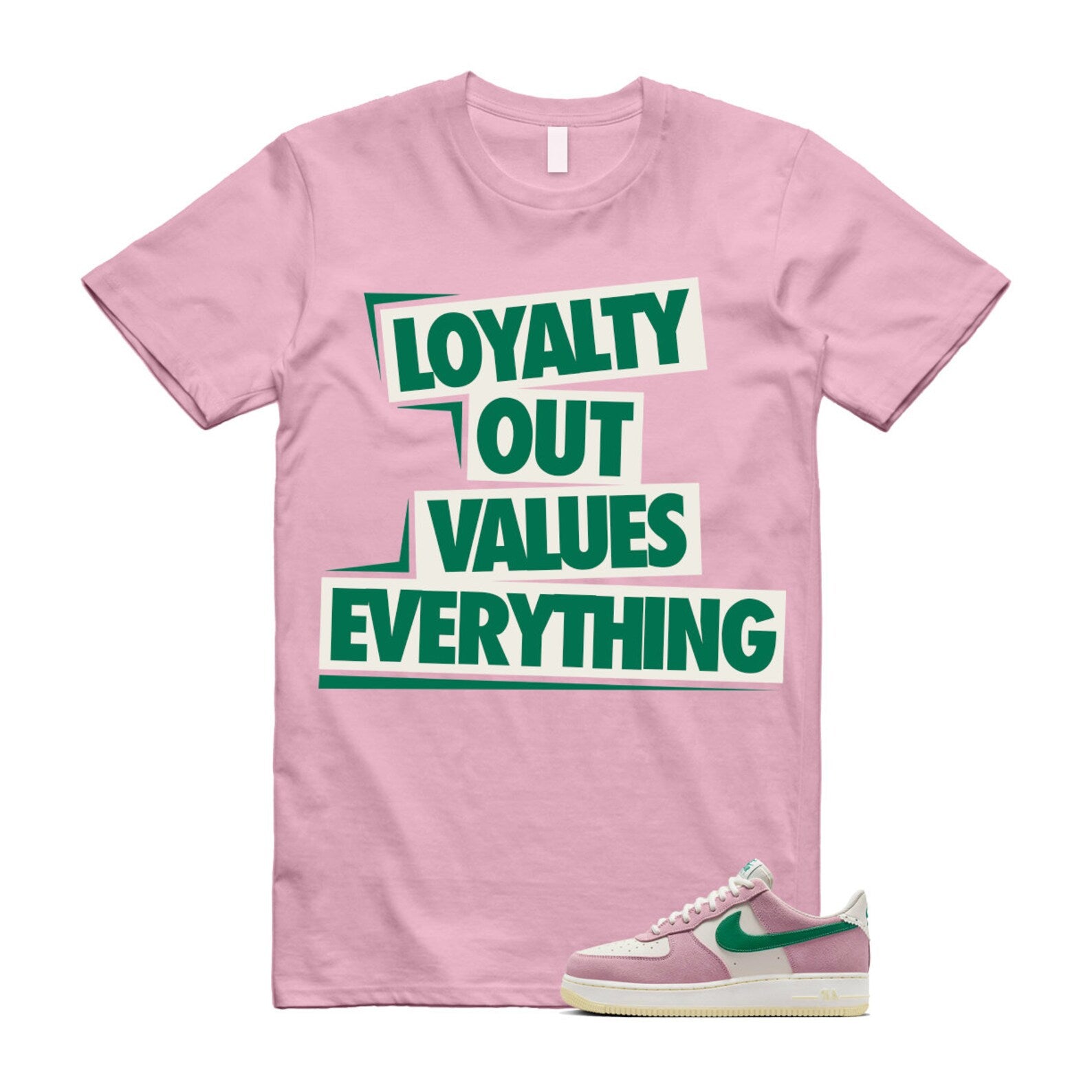 Air Force Pink Malachite 1 Low '07 LV8 Medium Soft Sail Alabaster T Shirt Match LOVE ,FV9346-100 T-Shirt, Sneaker Match Tee