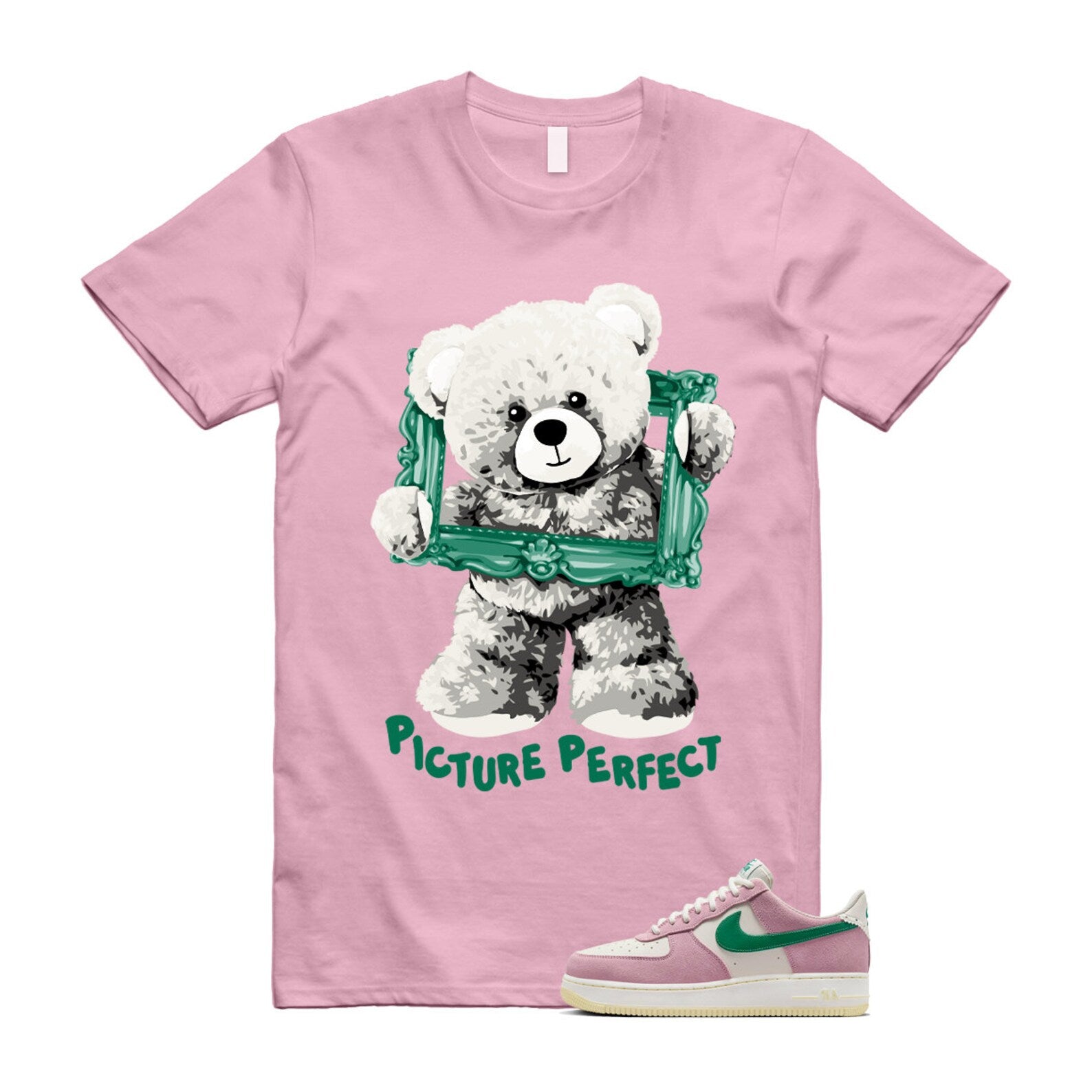 Air Force Pink Malachite 1 Low '07 LV8 Medium Soft Sail Alabaster T Shirt Match PIC ,FV9346-100 T-Shirt, Sneaker Match Tee