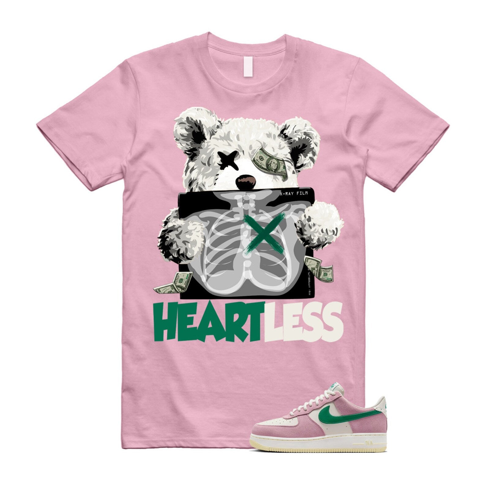 Air Force Pink Malachite 1 Low '07 LV8 Medium Soft Sail Alabaster T Shirt Match HEART ,FV9346-100 T-Shirt, Sneaker Match Tee