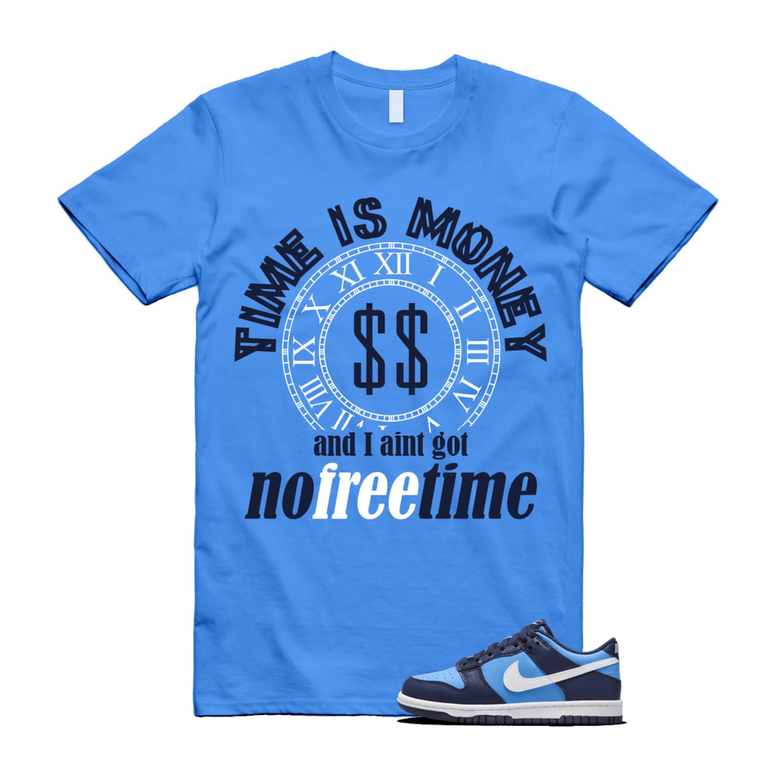 Dunk University Blue Midnight Navy White Big Kids Low T Shirt Match FREE TIME ,HF0031-400 T-Shirt, Sneaker Match Tee