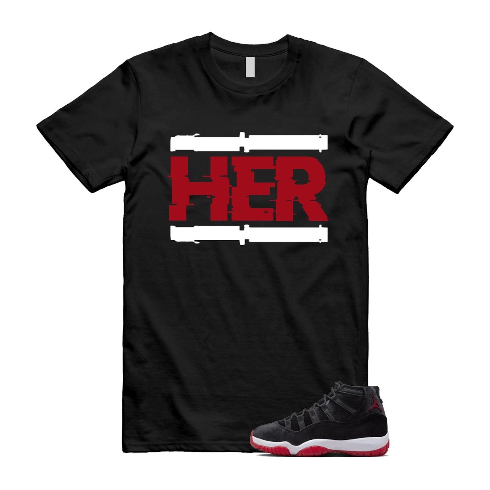 11 Bred Velvet Black Gym Red White T Shirt Match HER ,DB5457-061 T-Shirt, Sneaker Match Tee