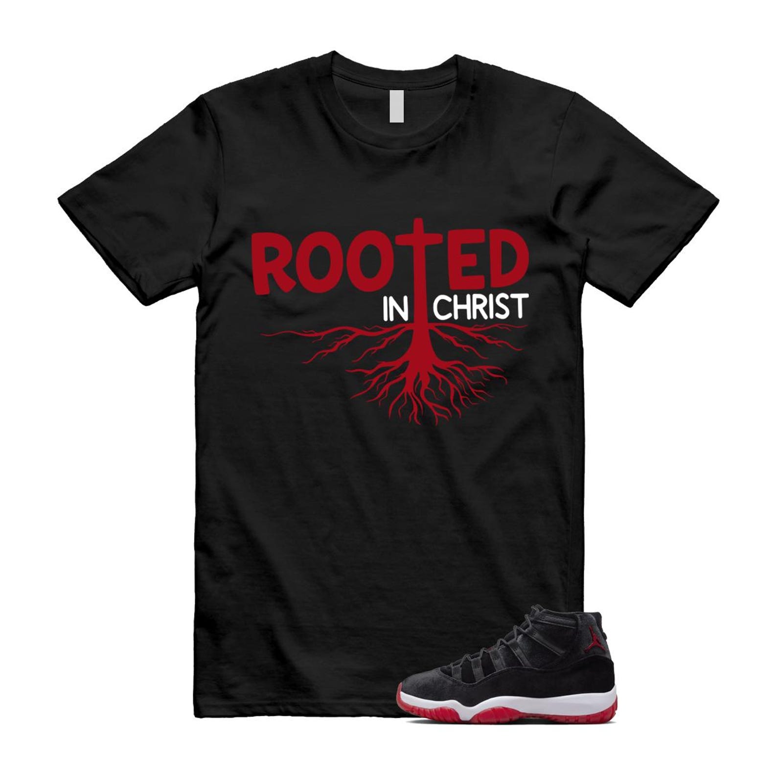 11 Bred Velvet Black Gym Red White T Shirt Match ROOTED ,DB5457-061 T-Shirt, Sneaker Match Tee