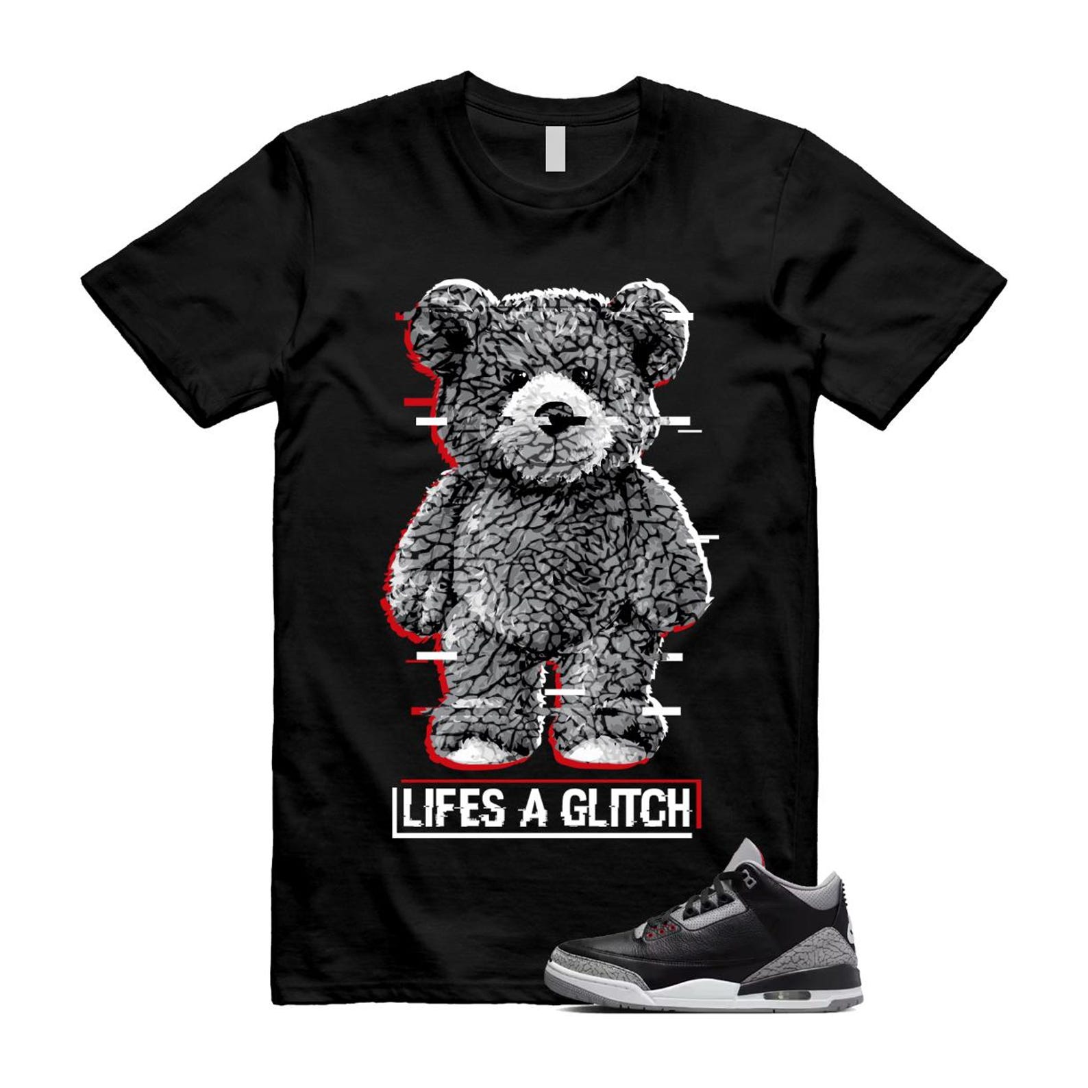 3 Black Cement Grey Fire Red Sail 2024 T Shirt Match GLITCH ,DN3707-010 T-Shirt, Sneaker Match Tee