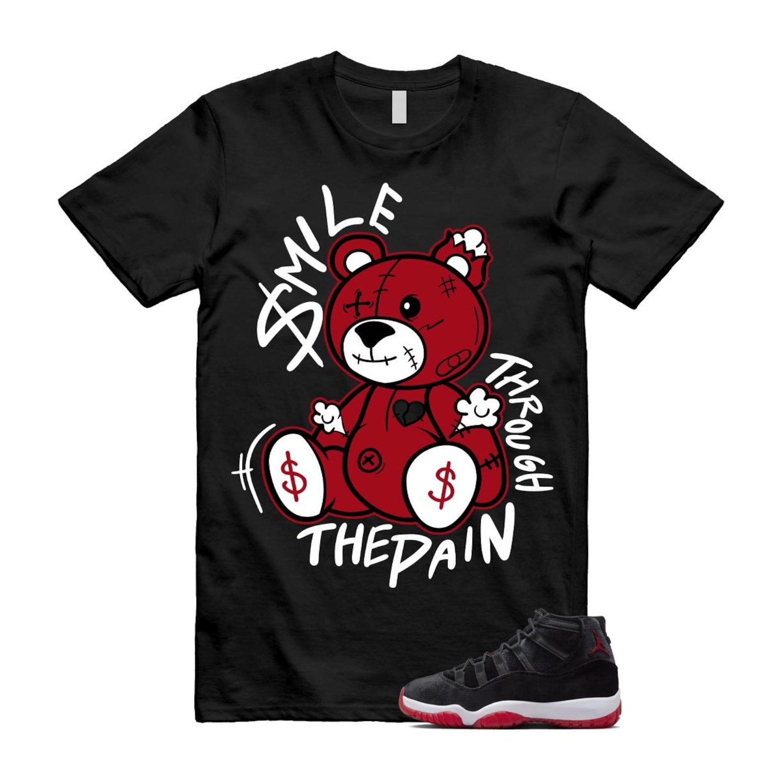 11 Bred Velvet Black Gym Red White T Shirt Match Smile Through The Pain ,DB5457-061 T-Shirt, Sneaker Match Tee