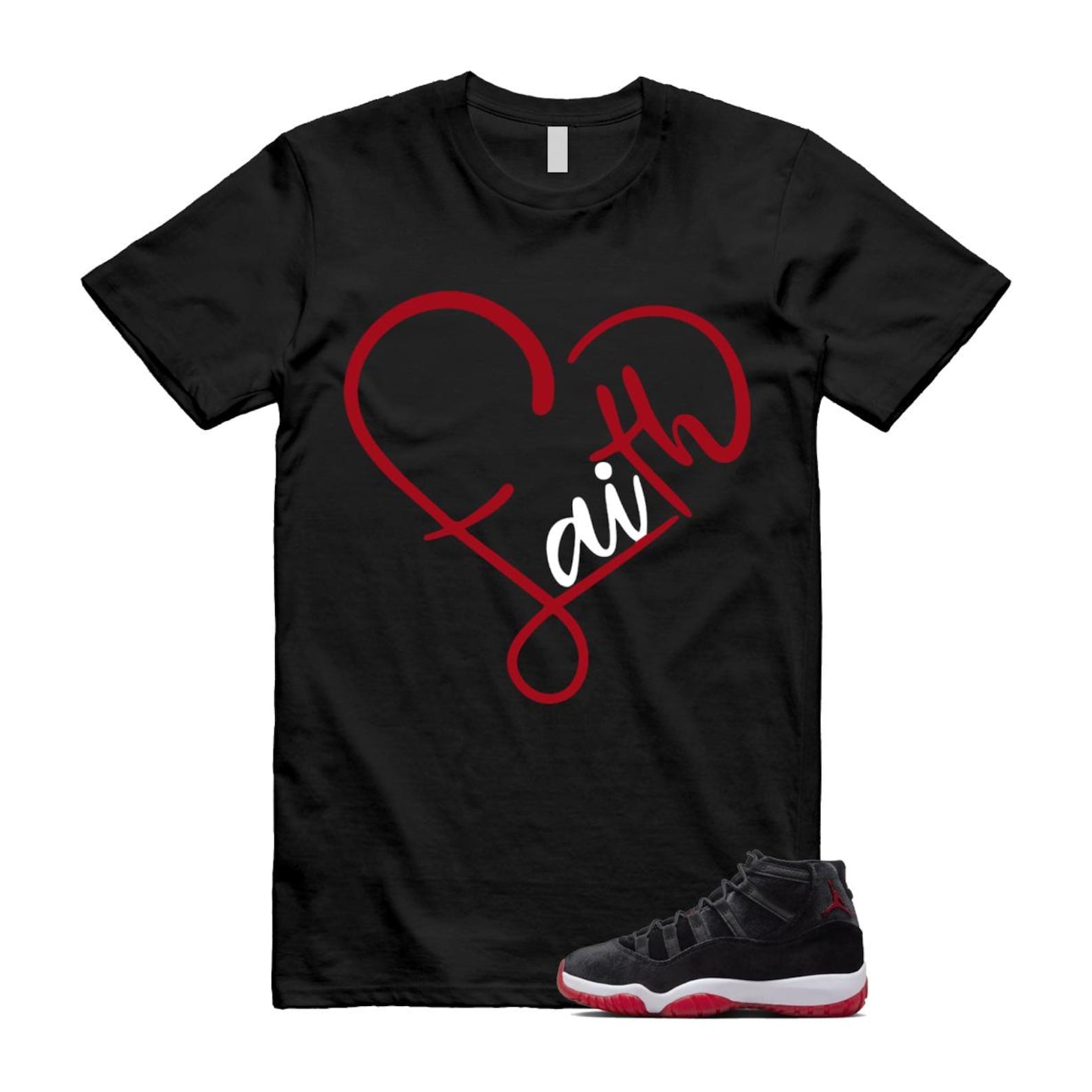 11 Bred Velvet Black Gym Red White T Shirt Match FAITH ,DB5457-061 T-Shirt, Sneaker Match Tee